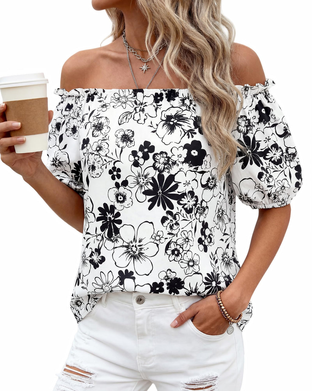 BTFBM Off The Shoulder Spring Tops for Women Summer Blouses Boho Floral Short Sleeve Shirts Dressy Casual Outfits