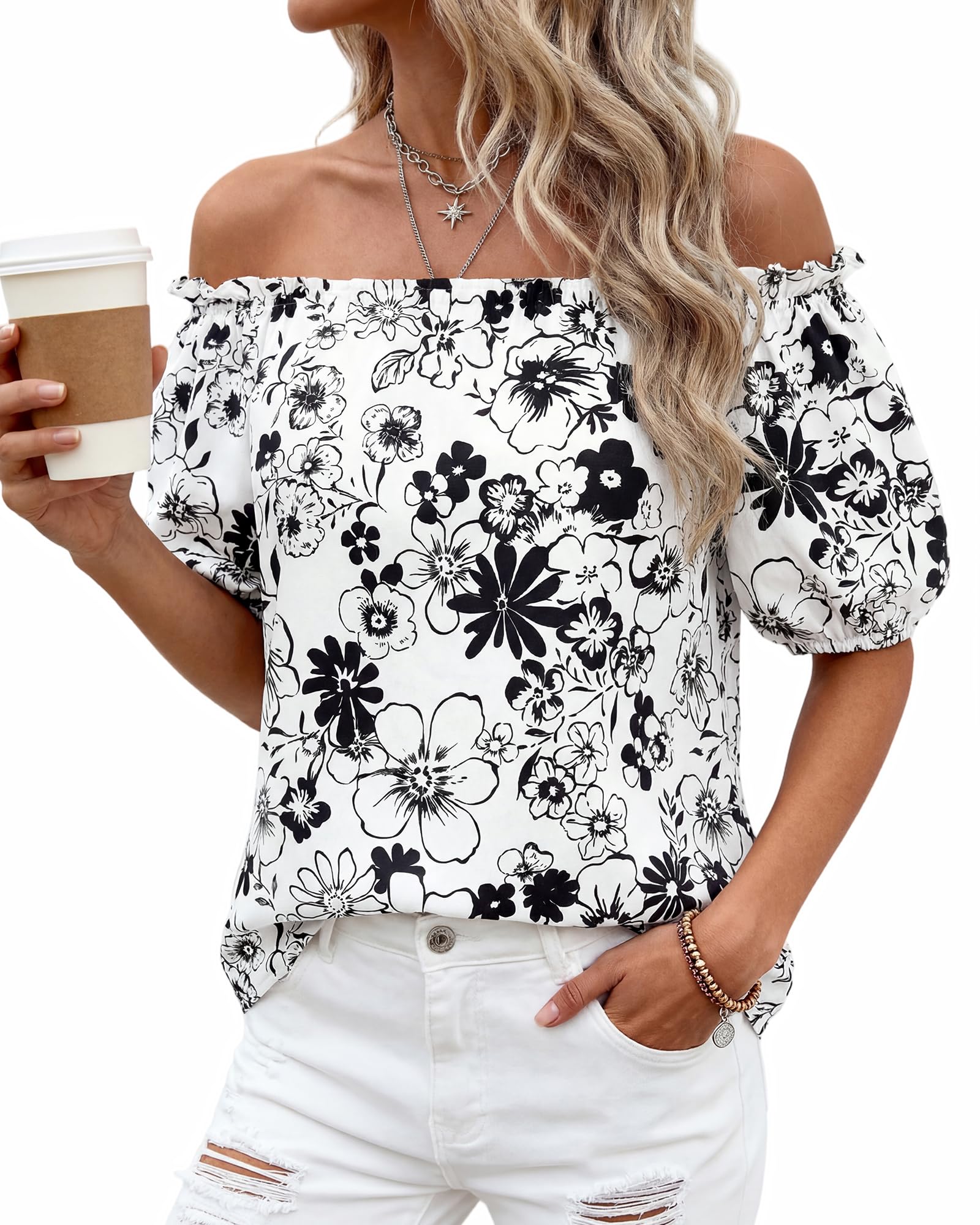 BTFBM Off The Shoulder Spring Tops for Women Summer Blouses Boho Floral Short Sleeve Shirts Dressy Casual Outfits