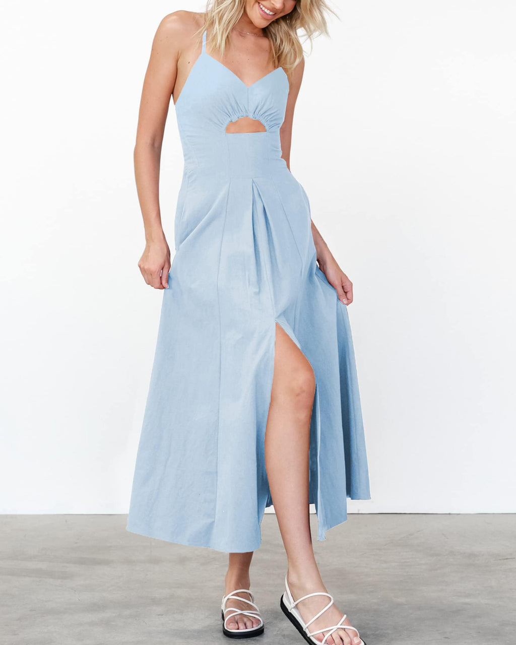 BTFBM Women Spaghetti Strap Midi Summer Dresses Sleeveless V Neck Cutout Slit Casual Beach Party Maxi Dress Pockets