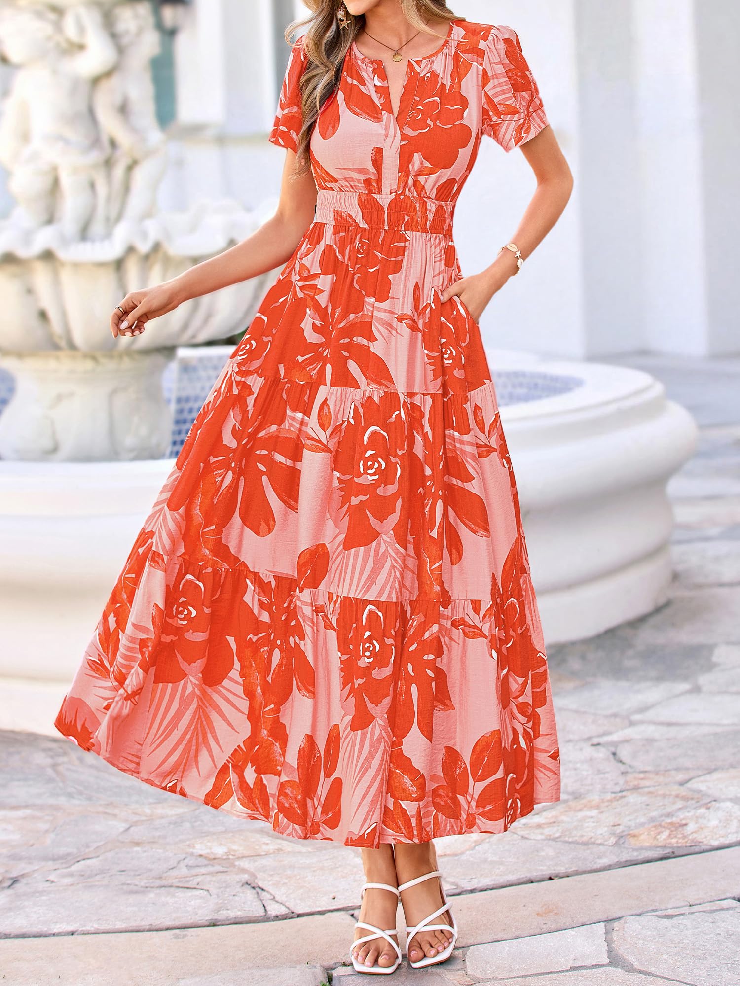 BTFBM Womens Summer Floral Maxi Dresses V Neck Short Sleeve Boho Casual Flowy Long Wedding Guest Dress Beach Vacation