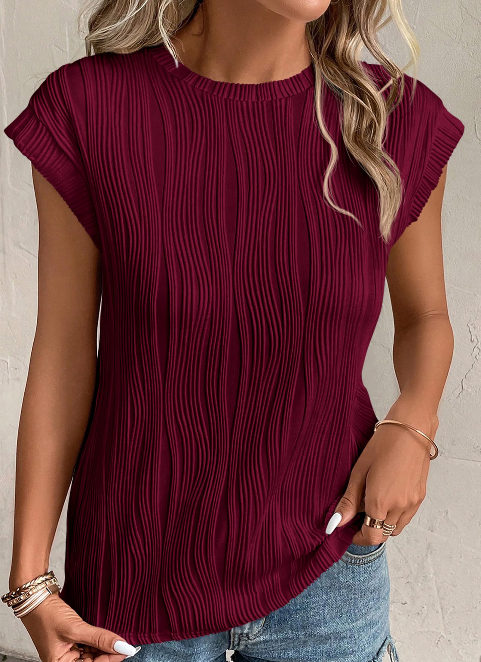 PRETTYGARDEN Blouses for Women Dressy Casual Spring Summer Business Office Tops Cap Sleeve Textured Cute Work Shirt