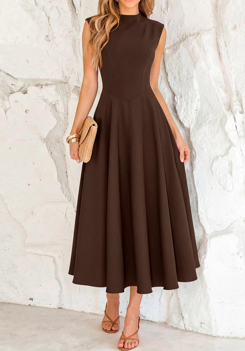 BTFBM Summer Dresses for Women Mock Neck Sleeveless High Waist Flowy Aline Maxi Spring Wedding Guest Dress Cocktail
