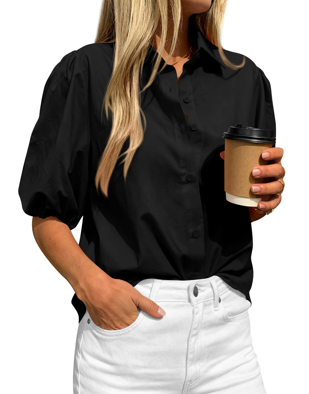 BTFBM Women's Button Down Shirts Short Puff Sleeve Collared V Nec Summer Tops Dressy Casual Work Business Blouses