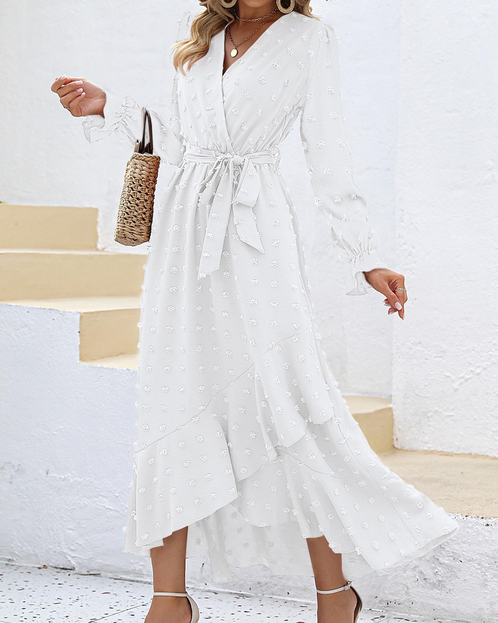 FreshPretty Long Sleeve Maxi Dresses for Women V Neck Swiss Dot Boho Flowy Slit Cocktail Wedding Guest Dress Fall Clothes