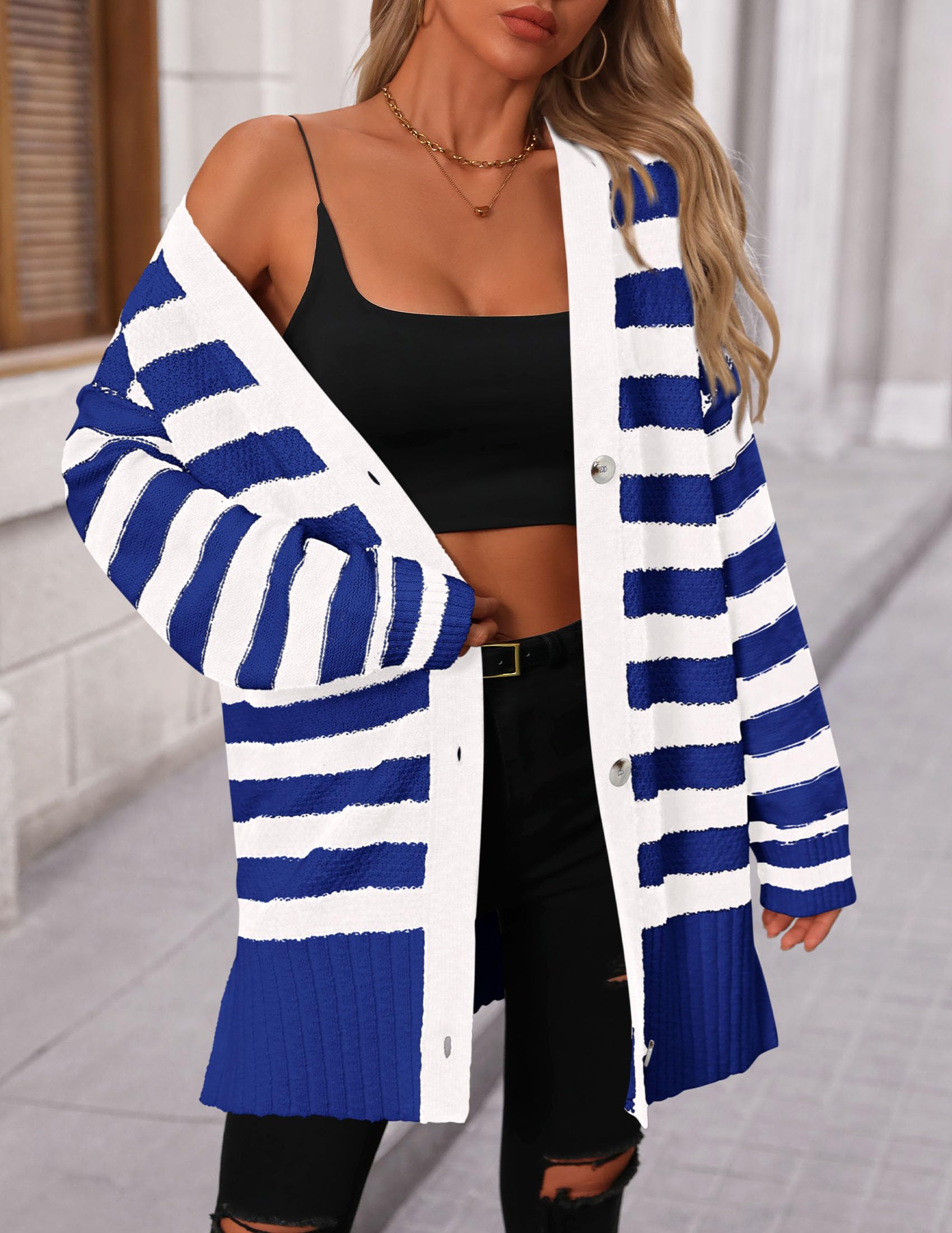 PRETTYGARDEN Women's Winter Striped Cardigan Sweaters Long Sleeve Button Down Open Front Chunky Knit Oversized Sweater Coat
