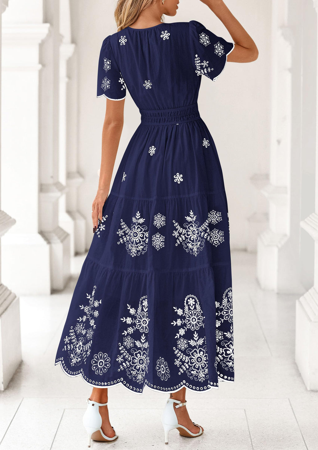 PRETTYGARDEN Boho Dresses for Women Summer Spring Casual Floral Short Sleeve V Neck Maxi Elastic Waist Dress Pockets