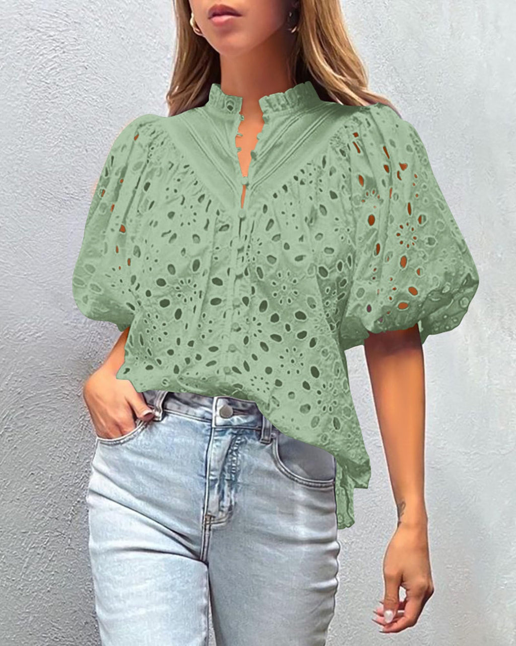 PRETTYGARDEN Women's Summer Tops Dressy Casual Short Sleeve V Neck Buttons Hollow Out Lace Embroidered Blouses Shirts