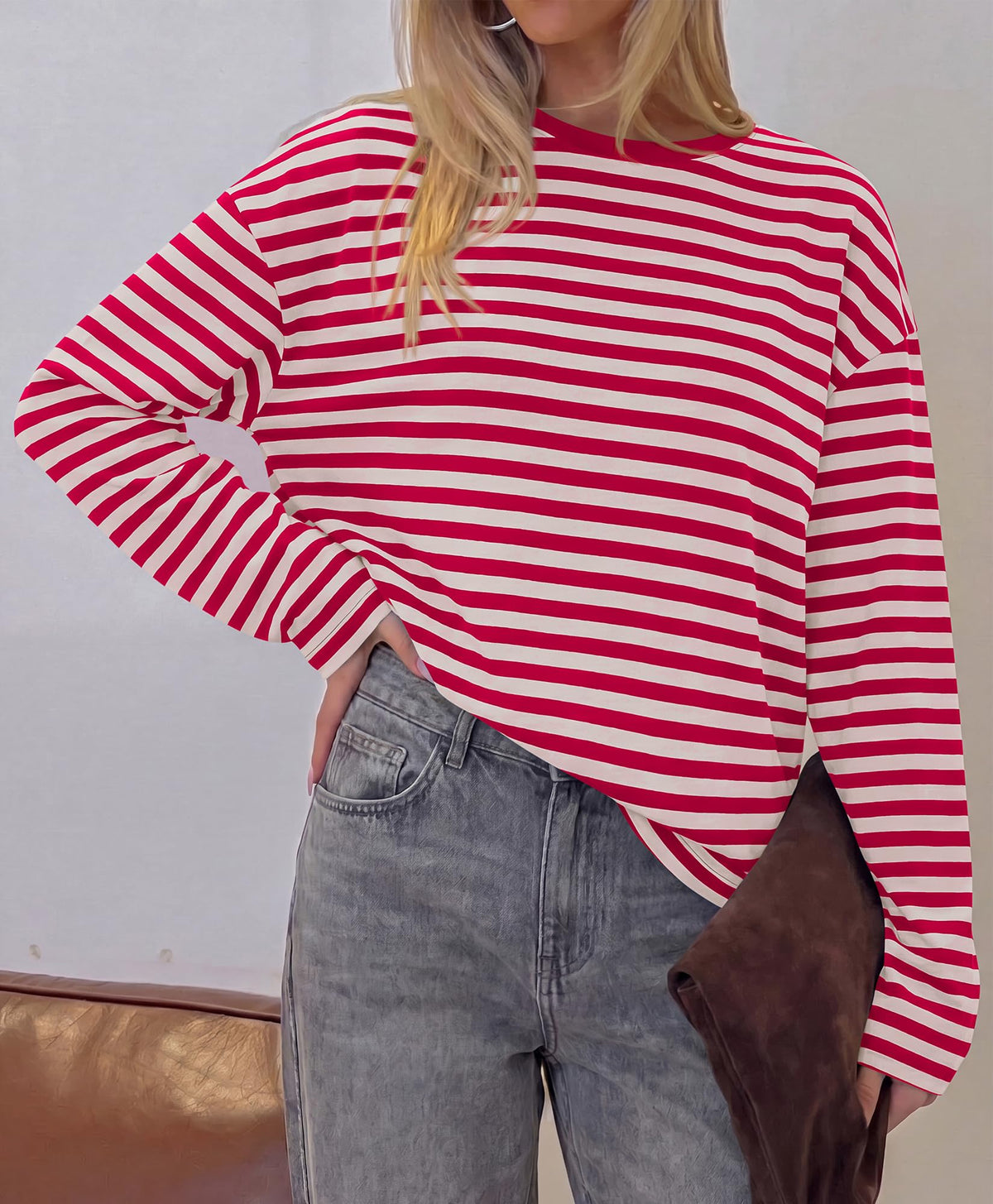 BTFBM Womens Long Sleeve Tops Fall Fashion | Lightweight, Crew Neck, Oversized Striped Shirt Women, Y2k Clothes, Vacation Travel Outfits, Going Out Top, Winter Layering