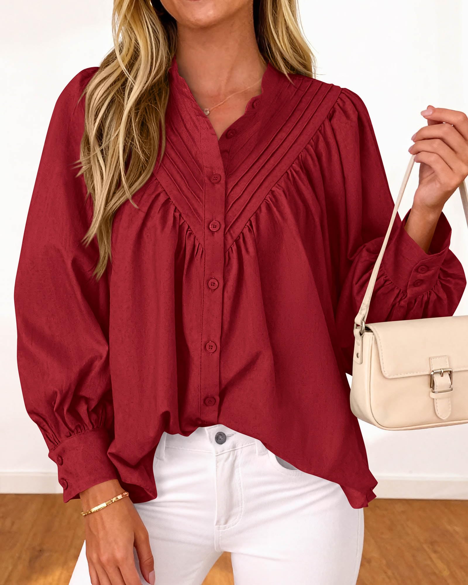 FreshPretty Blouses for Women Dressy Casual Fashion Clothing Long Sleeve Shirts Loose Fit Button Down Pleated Boho Going Out Tops