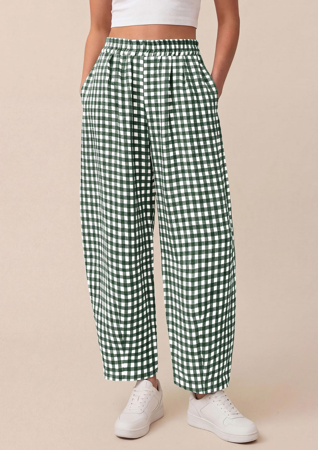 PRETTYGARDEN Plaid Barrel Pants Women Summer Casual Loose Wide Leg Lounge Gingham Trousers Spring Fashion Beach Bottoms