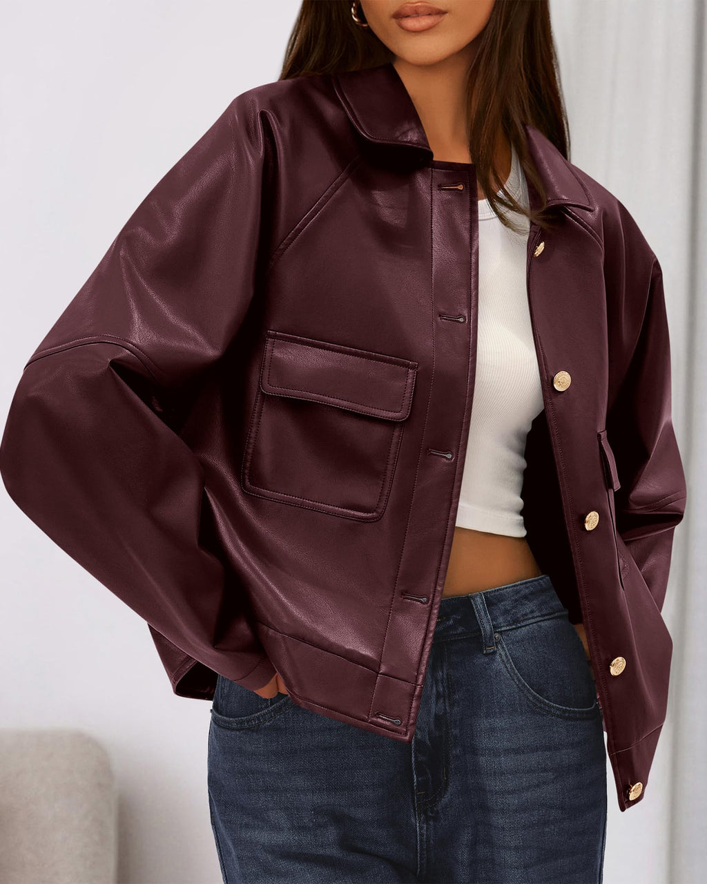 FreshPretty Leather Jacket Women Fall Clothes Long Sleeve Button Down Winter Coats Oversized Motorcycle Outwear