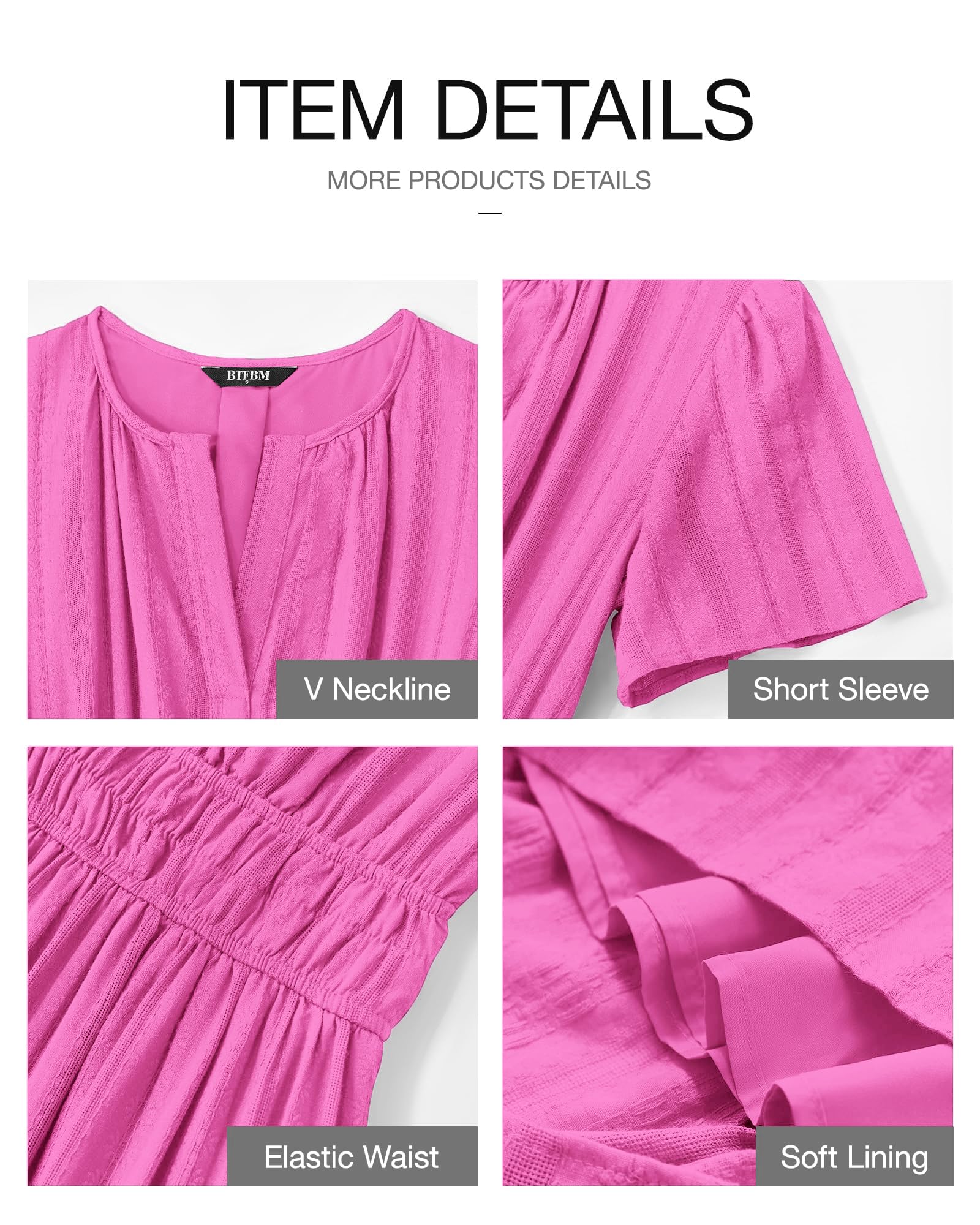 BTFBM Womens Summer Casual Midi Maxi Dresses Lightweight Short Sleeve V Neck Elastic Waist Boho Beach Dress Pockets