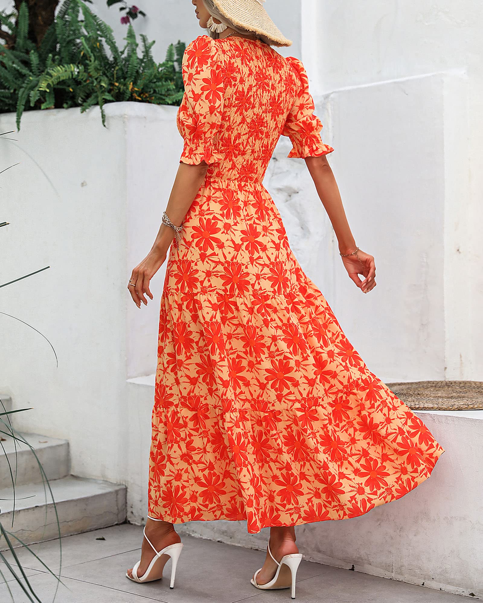 FreshPretty Women Casual Summer Dresses Spring Crew Neck Ruffle Short Sleeve Floral Print Smocked Boho Flowy Maxi Dress