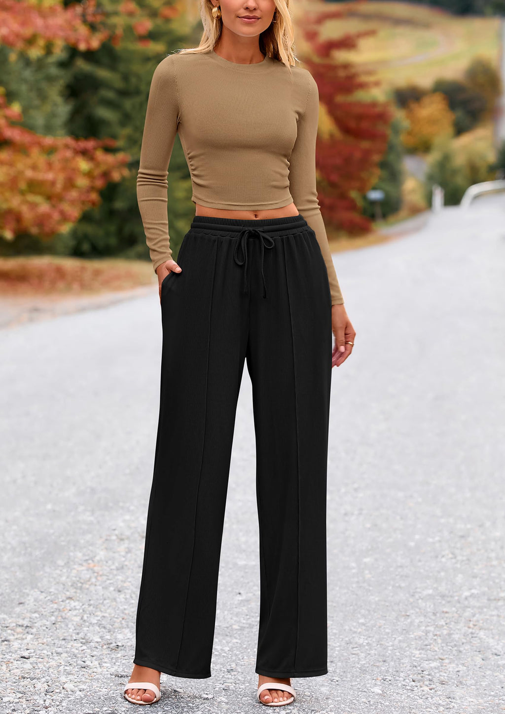PRETTYGARDEN Women's 2 Piece Loungewear Long Sleeve Crop Top Wide Leg Palazzo Pants Set Tracksuits Casual Outfit