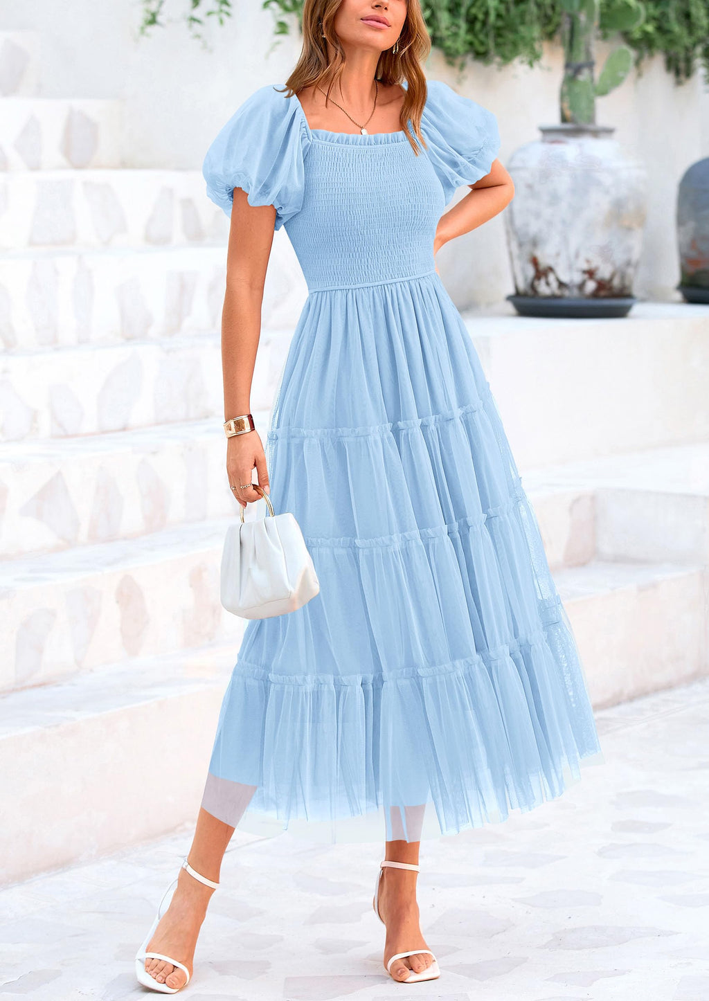 PRETTYGARDEN Women's Smocked Midi Tulle Dress  Summer Puffy Short Sleeve Square Neck Ruffle Wedding Guest Party Dresses