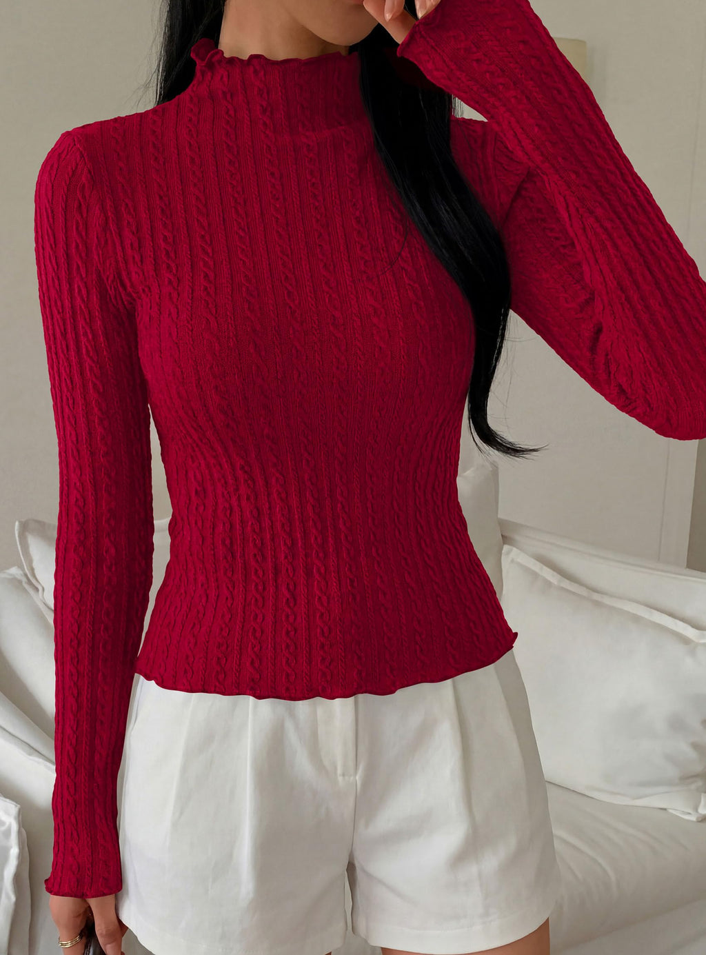 PRETTYGARDEN Women's Fall Long Sleeve Fitted Shirts | Comfy Stretchy Cable Knit, Trendy Lettuce Trim Mock Neck, Casual Basic Tees, Cute Layering Tops, 2026 Fashion Clothing