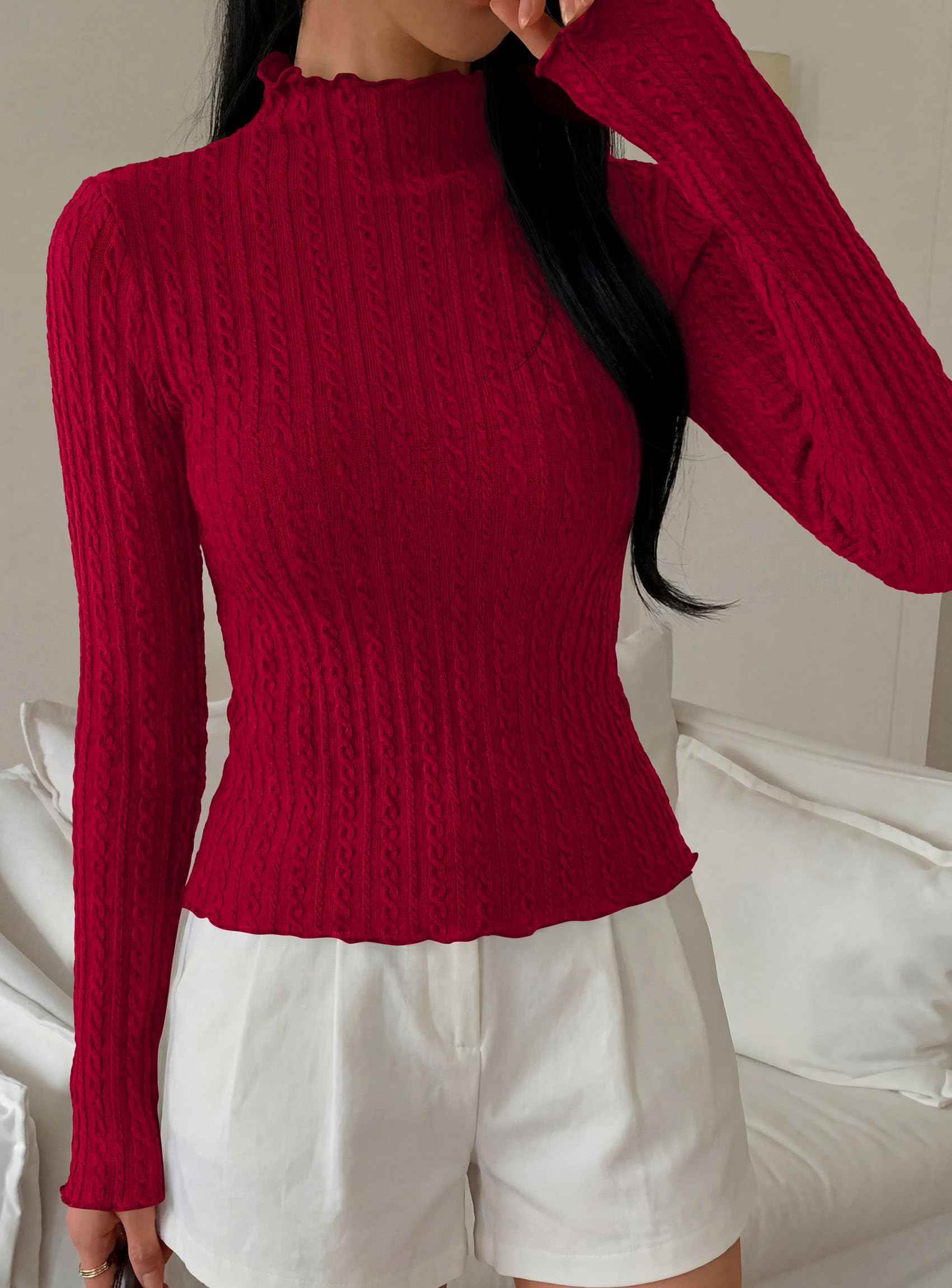 PRETTYGARDEN Women's Fall Long Sleeve Fitted Shirts | Comfy Stretchy Cable Knit, Trendy Lettuce Trim Mock Neck, Casual Basic Tees, Cute Layering Tops, 2026 Fashion Clothing