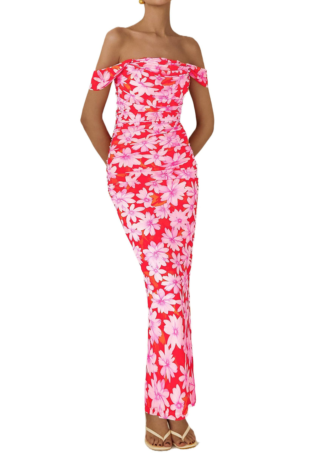 PRETTYGARDEN Cocktail Dresses for Women Summer Floral Off Shoulder Ruched Mesh Elegant Wedding Guest Maxi Dress