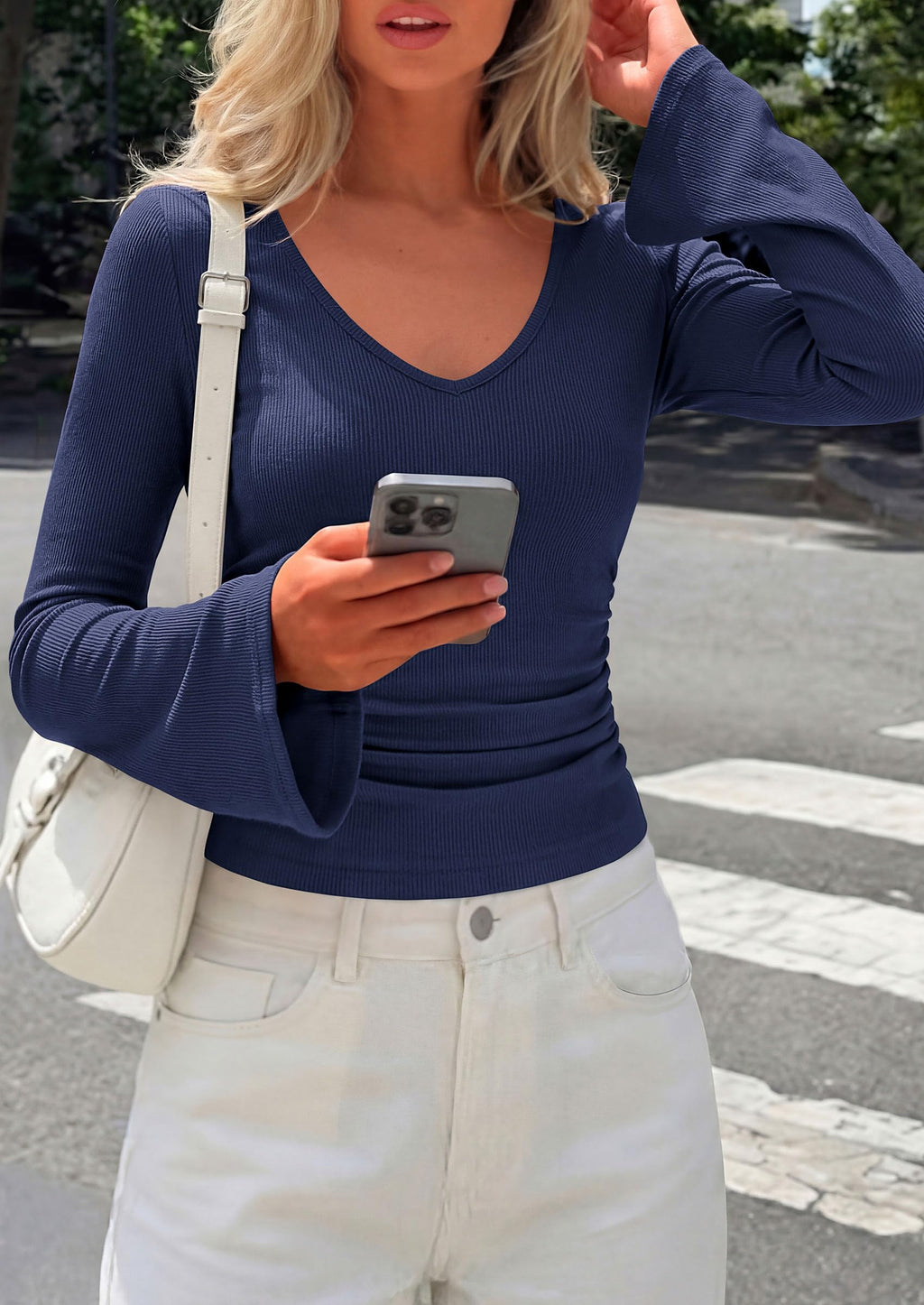 PRETTYGARDEN Women's Fall Trendy Bell Long Sleeve Tops | Soft Stretchy,Ribbed Textured,V Neck,Slim Fitted Shirts,Ruched Basic Tees,Y2K Going Out,Casual Outfits,Fashion Clothing