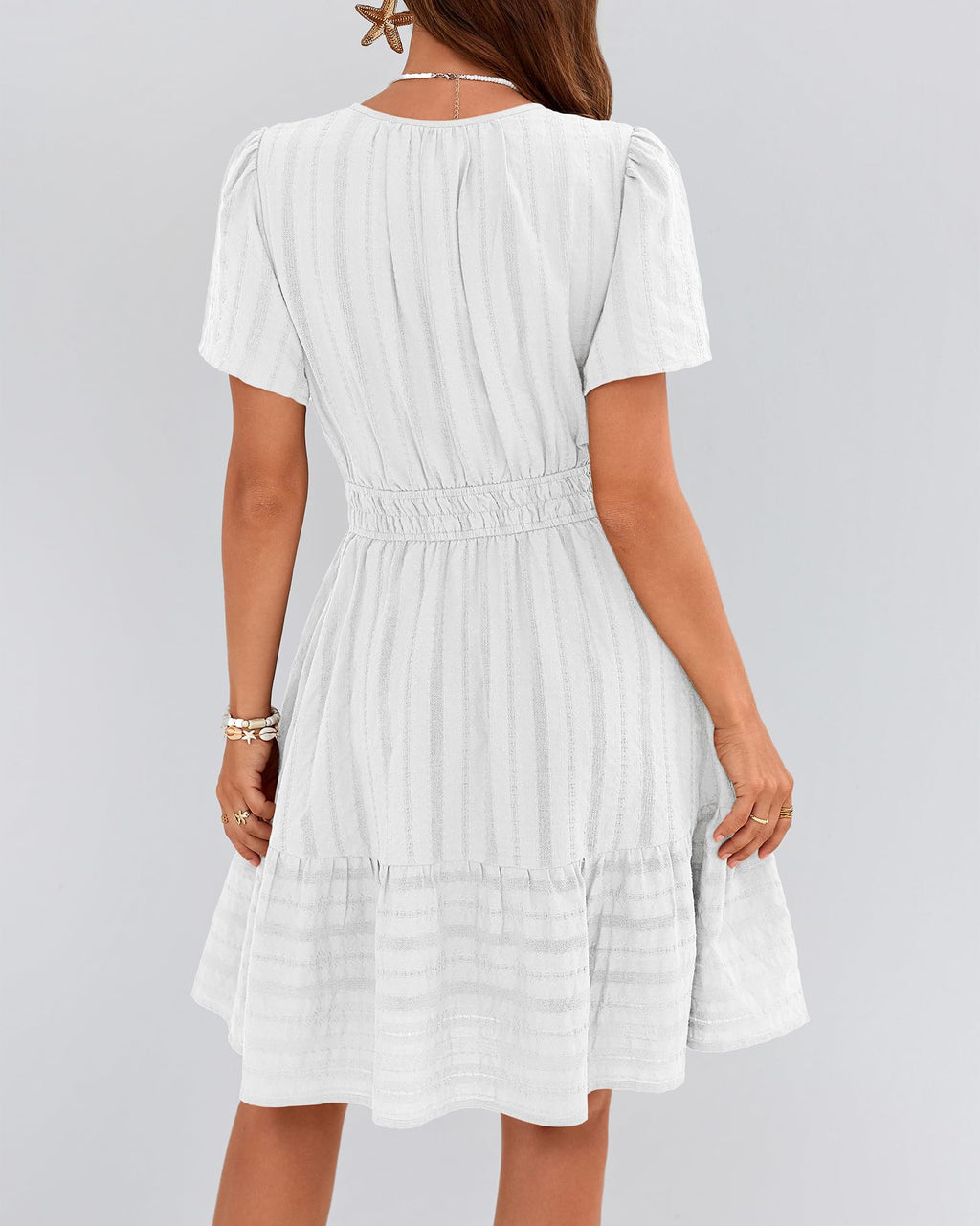 BTFBM Womens Spring  Casual Mini Dresses Lightweight Short Sleeve V Neck Elastic Waist Cute Boho Beach Dress Pockets