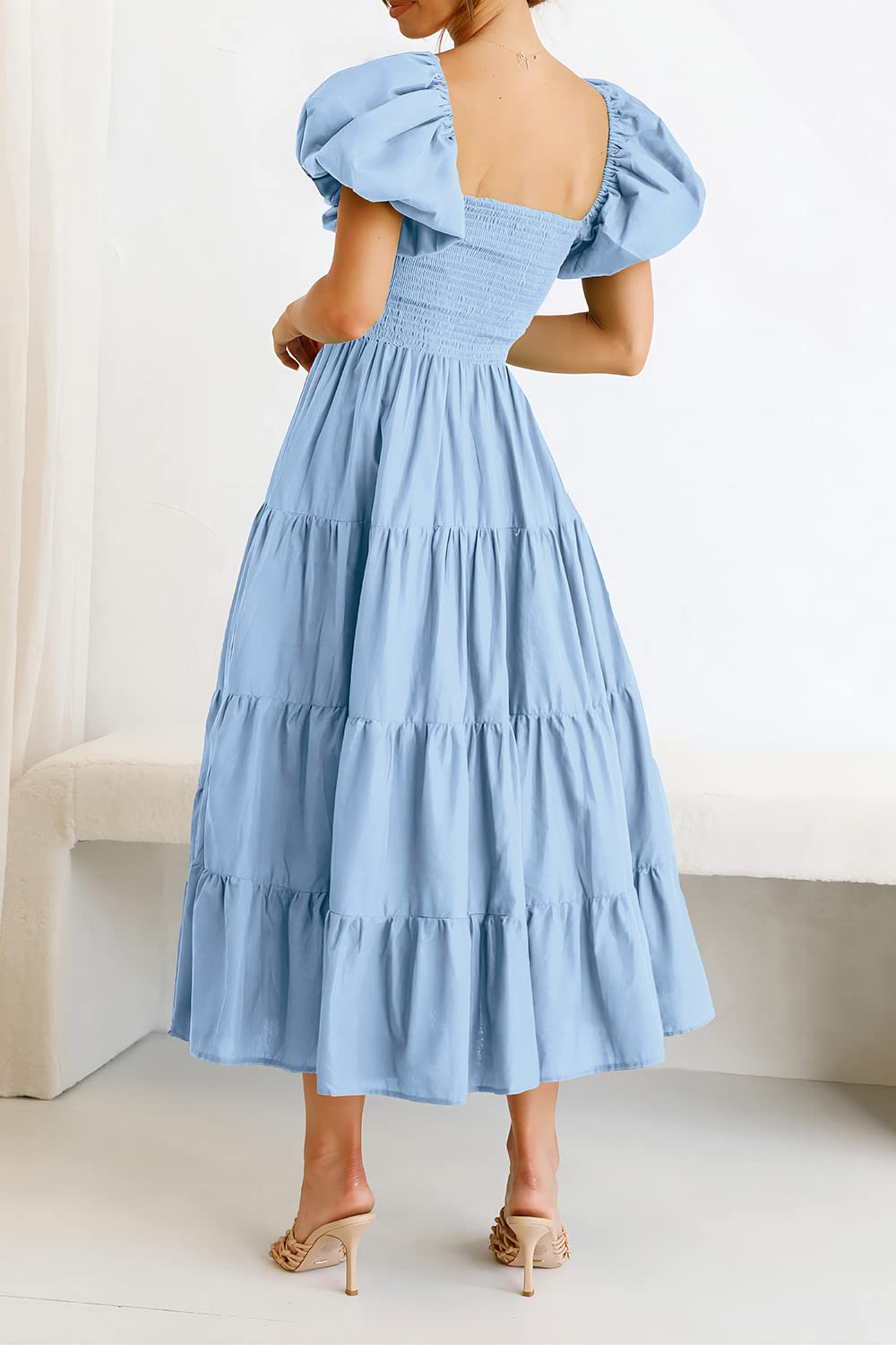 PRETTYGARDEN Women's Casual Summer Midi Dress Puffy Short Sleeve Square Neck Smocked Tiered Ruffle Dresses