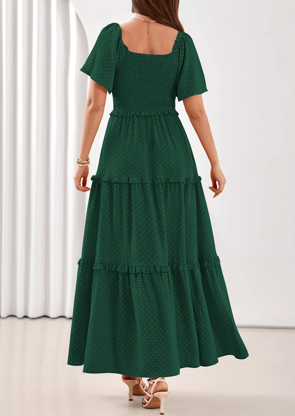 PRETTYGARDEN Summer Dresses for Women Boho Swiss Dot Smocked Square Neck Short Sleeve Spring Wedding Guest Maxi Dress