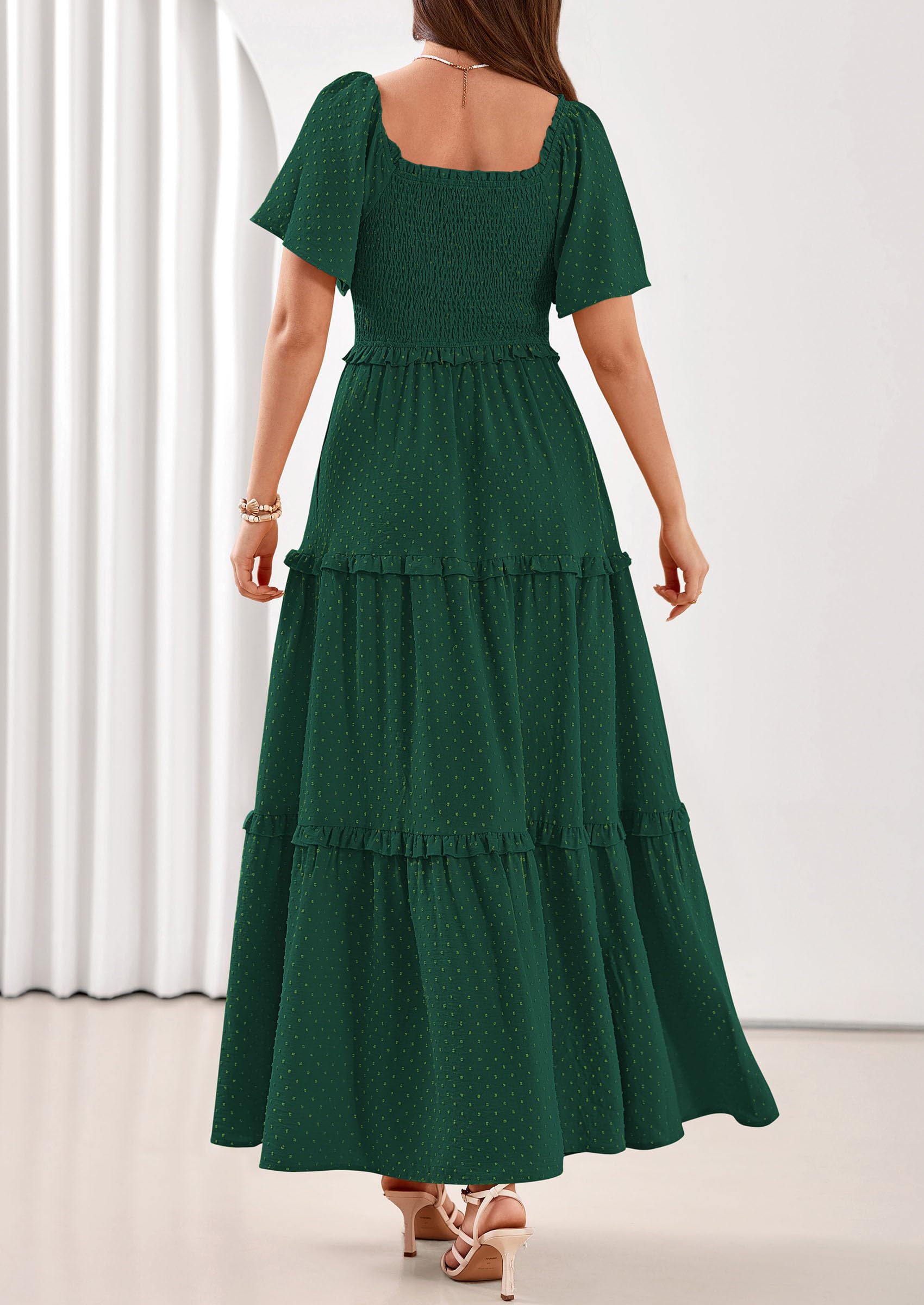 PRETTYGARDEN Summer Dresses for Women Boho Swiss Dot Smocked Square Neck Short Sleeve Spring Wedding Guest Maxi Dress