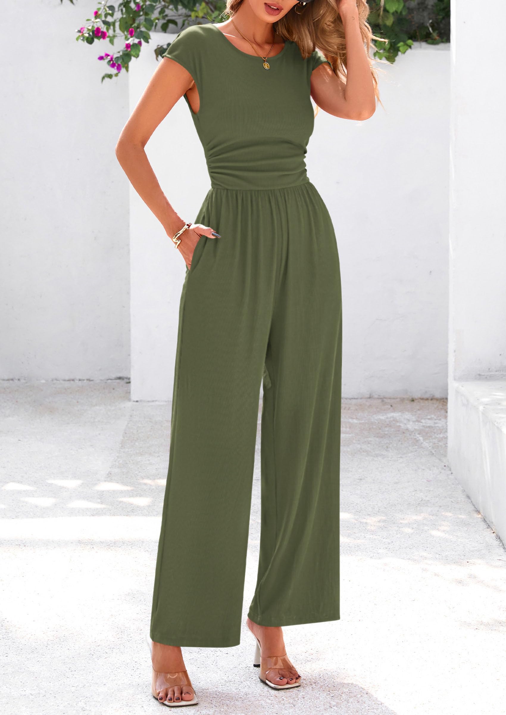 PRETTYGARDEN Summer Jumpsuits for Women Dressy Ribbed Cap Sleeve Wide Leg Pants Rompers Elegant Casual One Piece Outfits