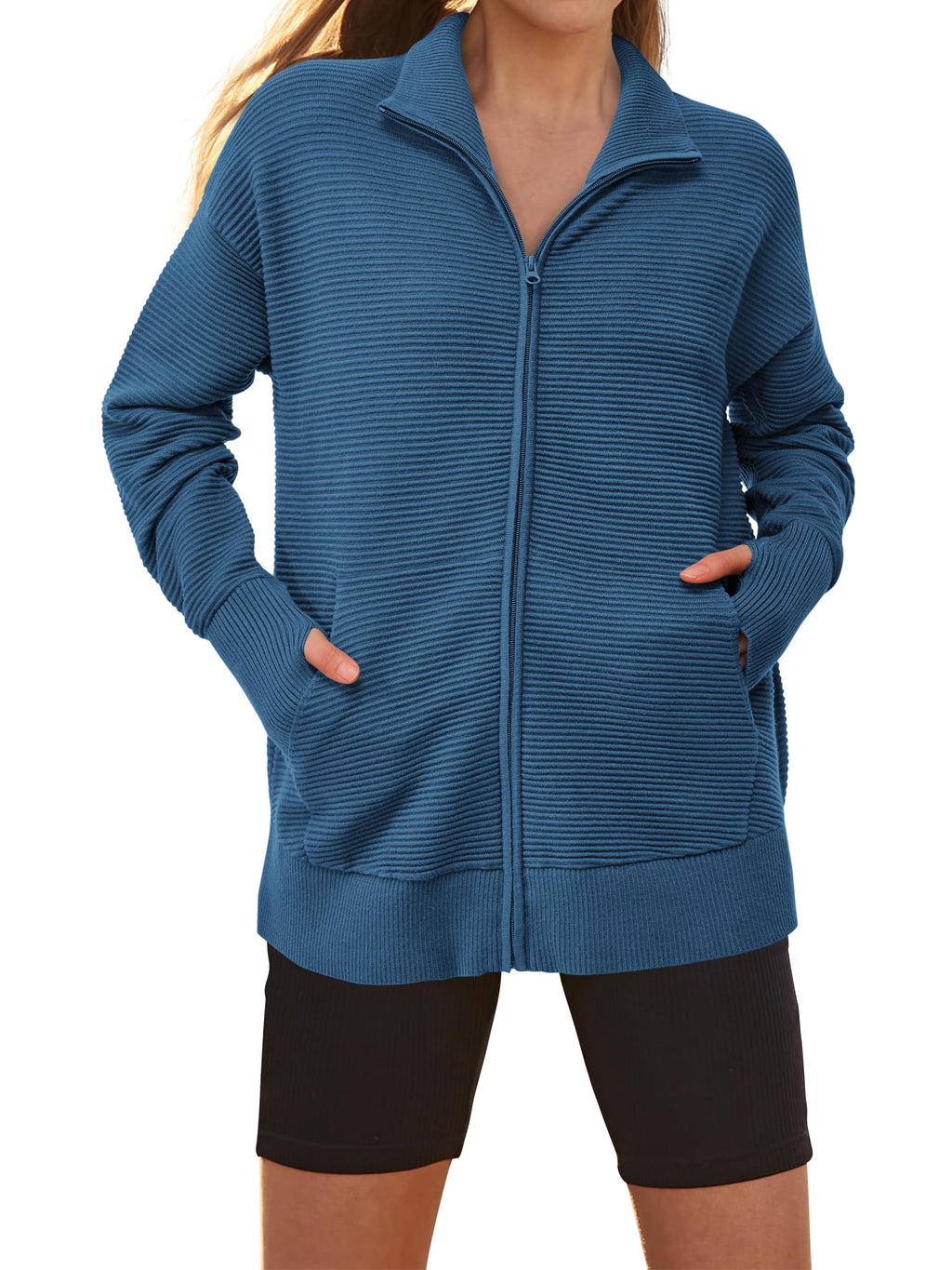 PRETTYGARDEN Womens Fall Long Sleeve Zip Up Cardigan Sweaters Casual Loose Collared Ribbed Knit Tops Jackets Thumb Hole