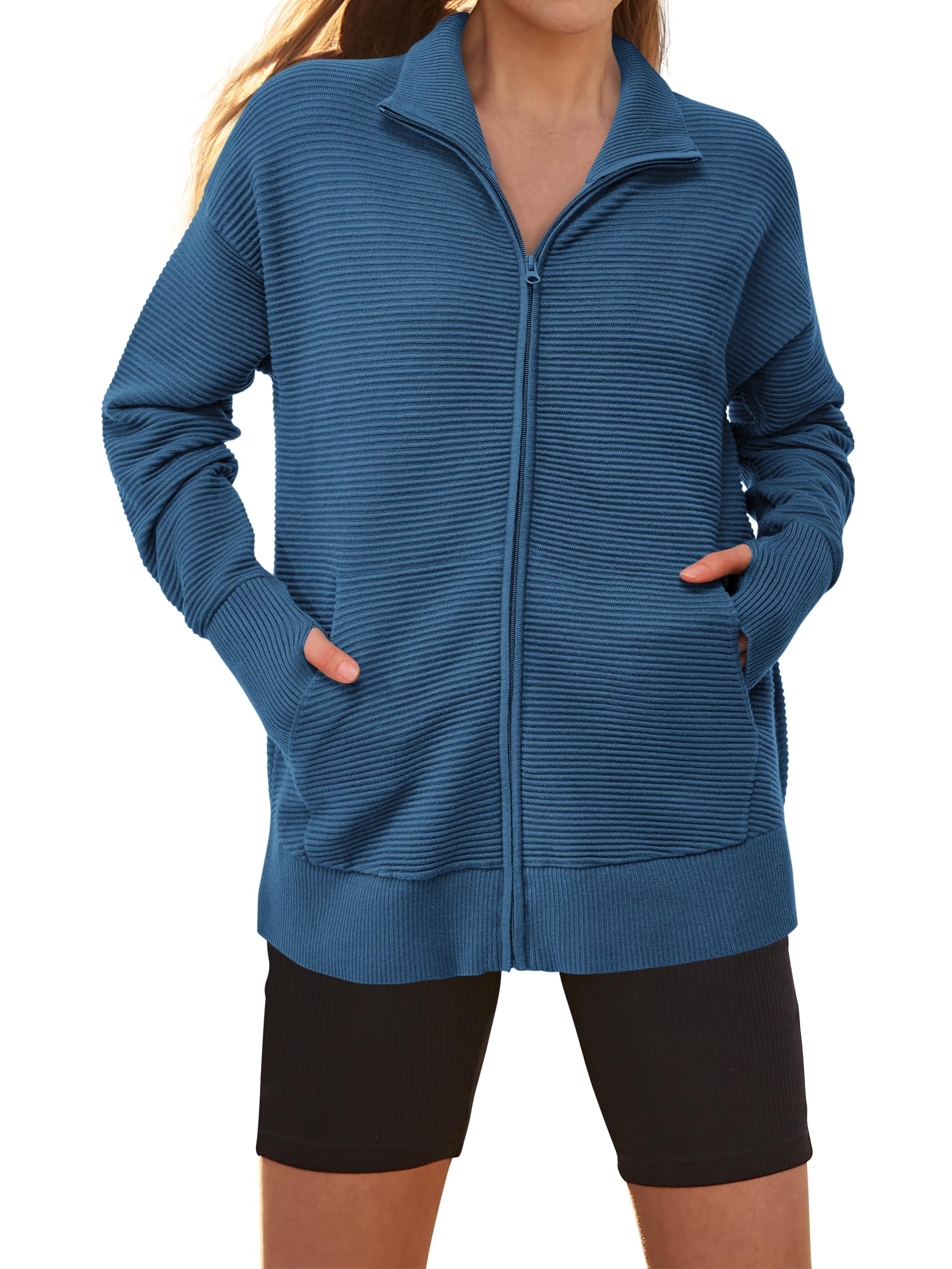 PRETTYGARDEN Womens Fall Long Sleeve Zip Up Cardigan Sweaters Casual Loose Collared Ribbed Knit Tops Jackets Thumb Hole