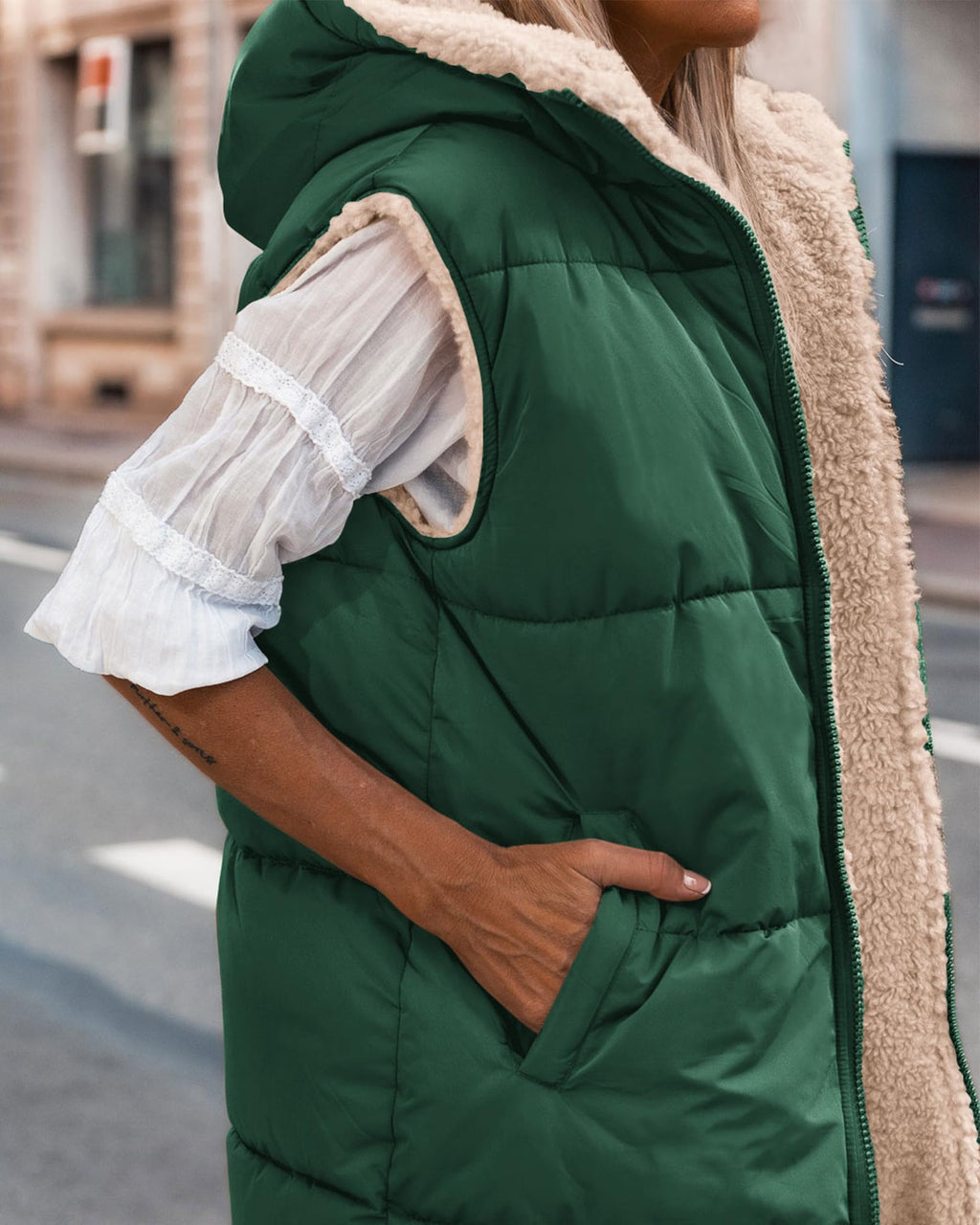 BTFBM Long Puffer Vest Women Fleece Sherpa Jacket Sleeveless Hooded Reversible Zip Up Winter Coat Fall Vests Outerwear