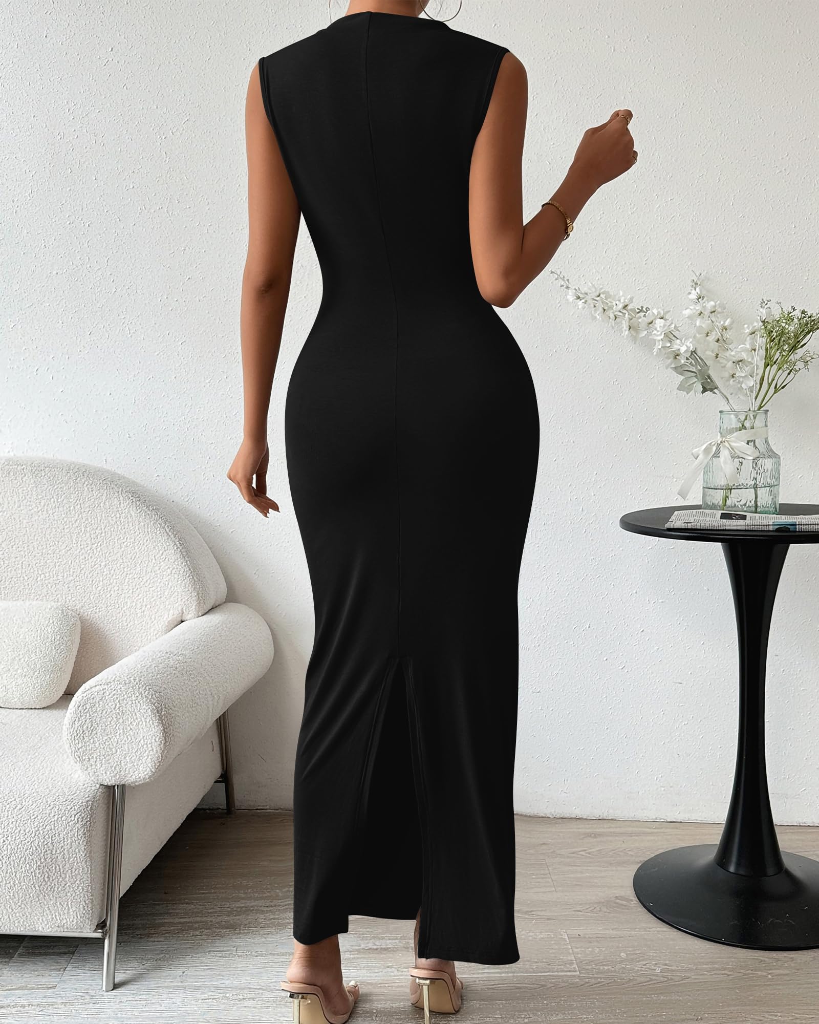 FreshPretty Women's Ruched Bodycon Dress Summer Casual Sleeveless Back Slit Elegant Club Evening Party Cocktail Maxi Dresses