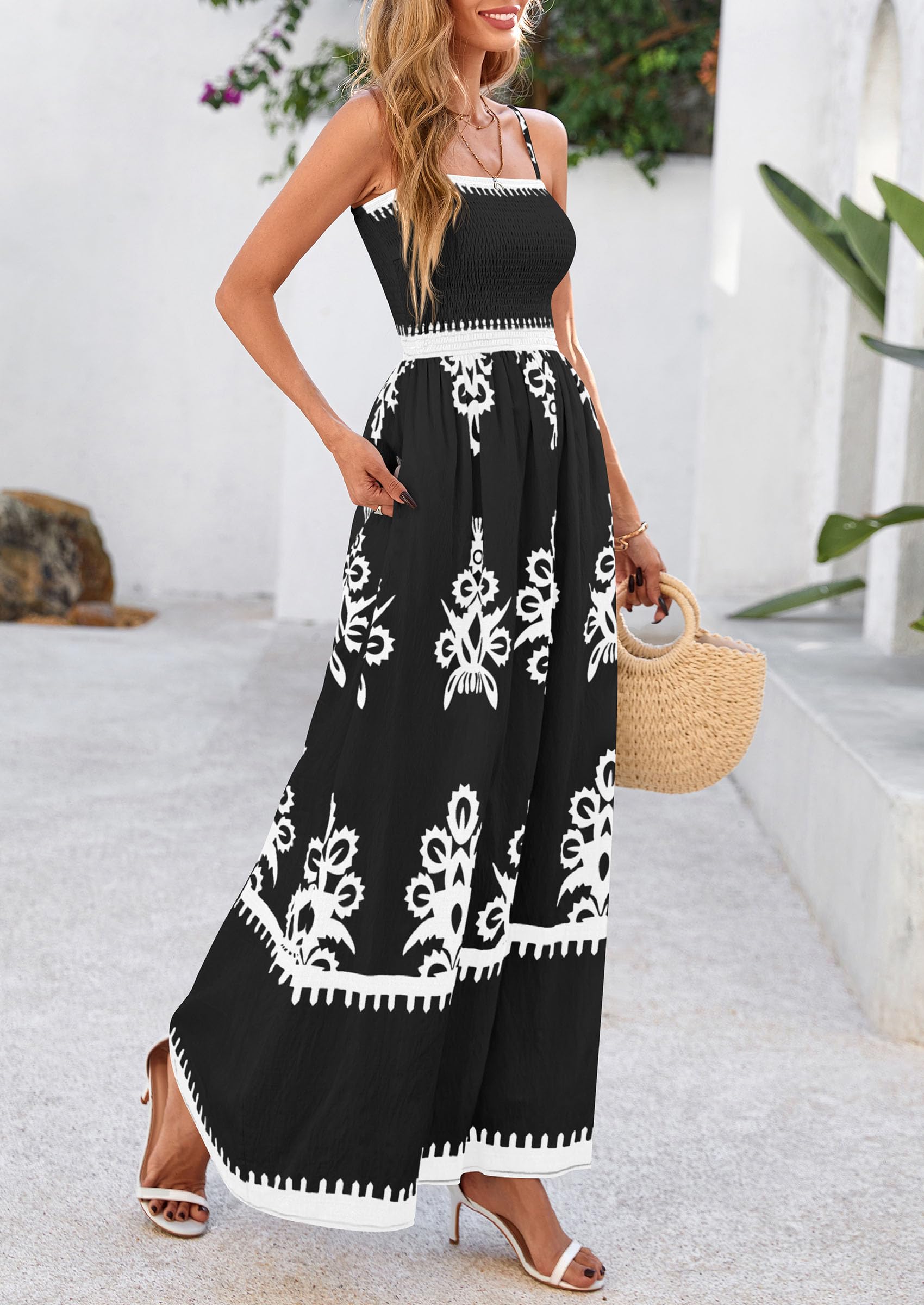 PRETTYGARDEN Summer Dress for Women Floral Sundress Spaghetti Strap Flowy Beach Vacation Boho Maxi Dresses