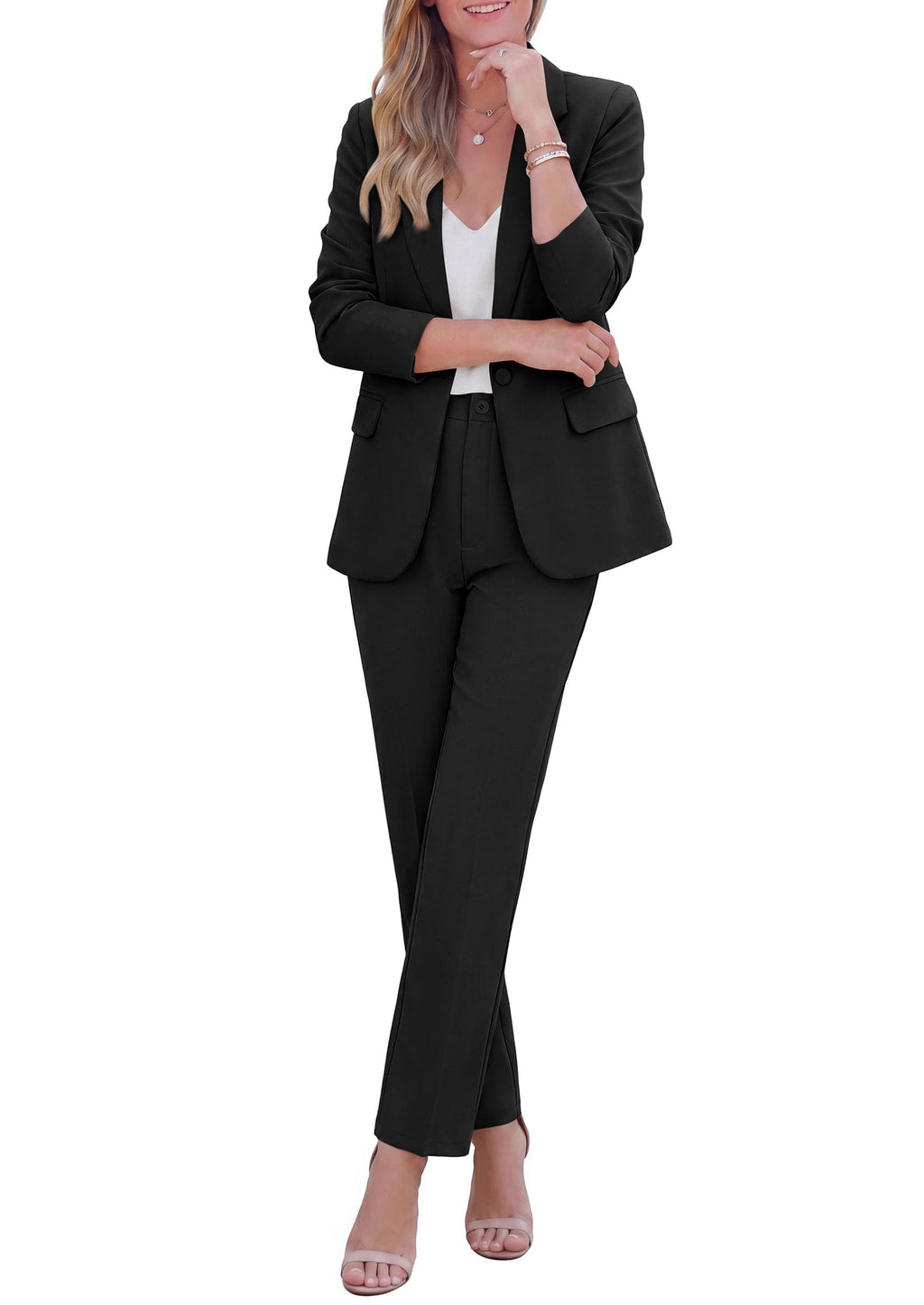 PRETTYGARDEN Two Piece Sets for Women Dressy Pant Suits Lapel Blazer,Straight Leg Dress Pants,Professional Interview Suit Set,Business Casual Outfits,Office Work Clothes,Fall Winter