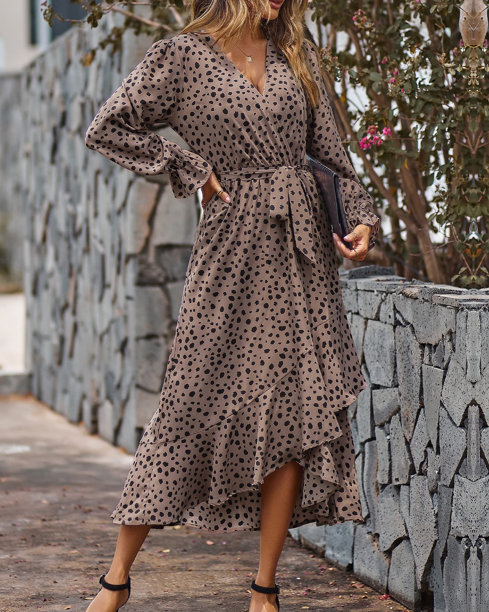 BTFBM Womens Dresses Summer V Neck Floral High Waist Ruffle Wedding Guest Cocktail Boho Spring Long Sleeve Dress