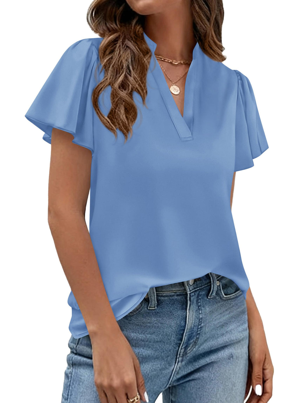 PRETTYGARDEN Women's Summer Satin Blouses Dressy Casual Ruffle Cap Sleeve V Neck Business Work Cute Tops Spring Outfits