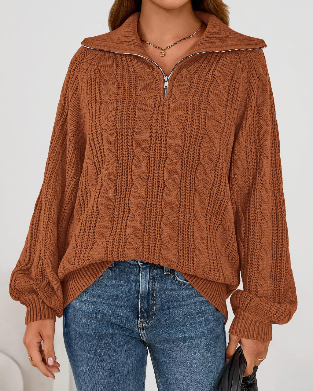 BTFBM Sweaters for Women Fall Fashion Loose Quarter Zip Pullover Collared Long Sleeve Cable Knit Winter Clothes