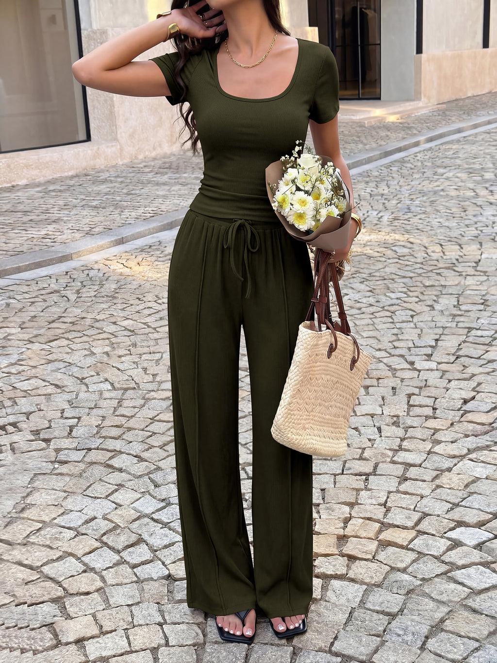 BTFBM Womens Summer 2 Piece Outfits Square Neck Short Sleeve Drawstring Pants Knit Spring Lounge Matching Sets