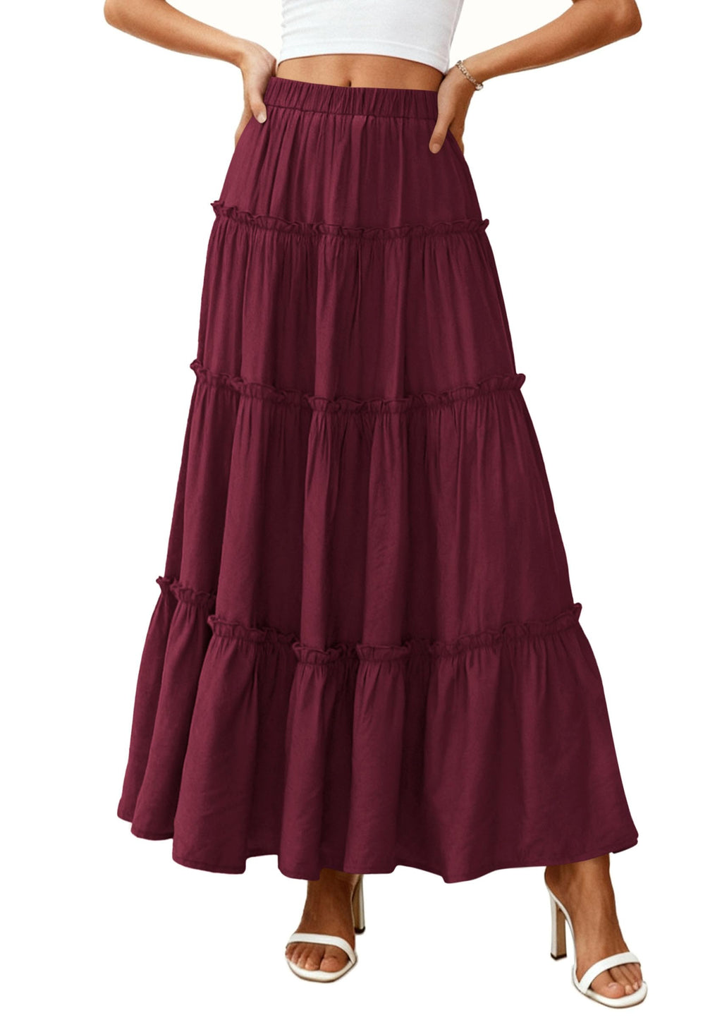 PRETTYGARDEN Women's Tiered Maxi Skirt Summer Spring Fashion High Waisted Long Flowy Casual Boho Beach Vacation Clothes