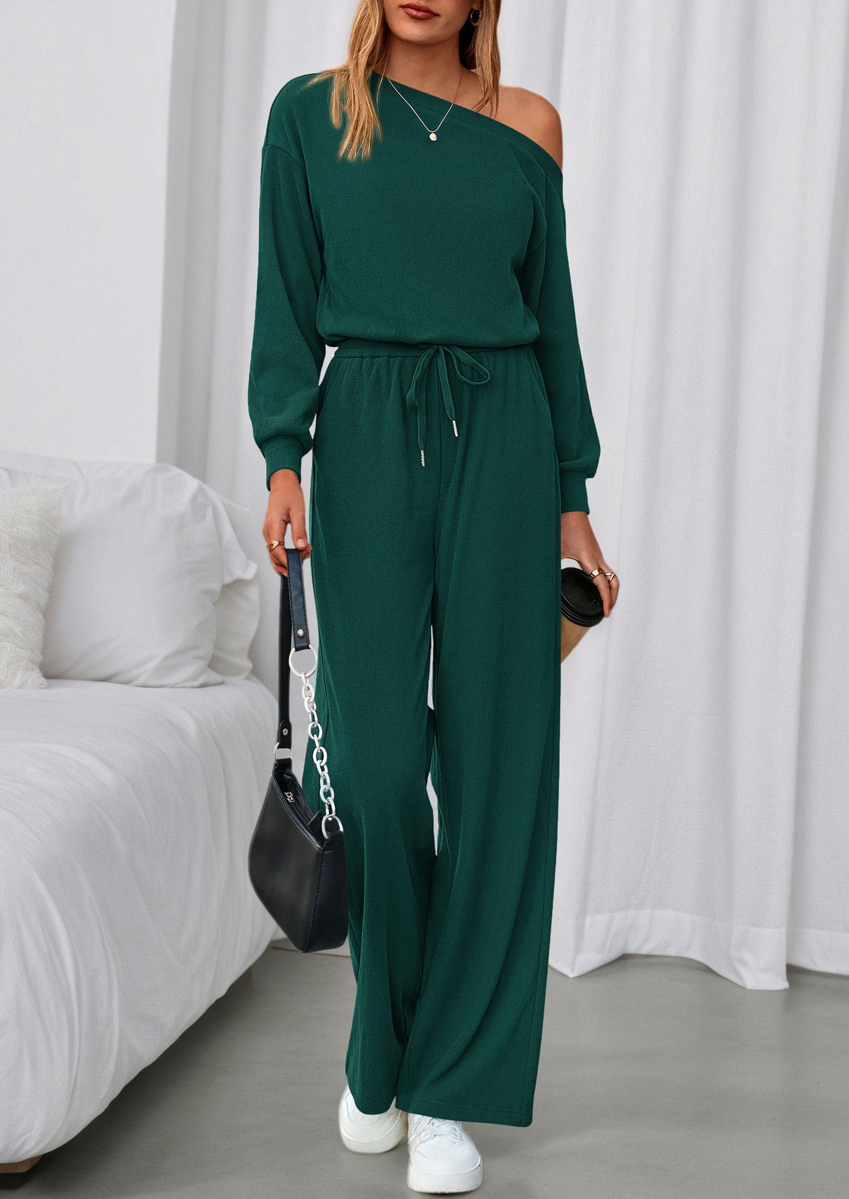 PRETTYGARDEN Long Sleeve Jumpsuit For Women Dressy Off Shoulder One Piece Loose Wide Leg Jumpsuits Casual Flowy Romper