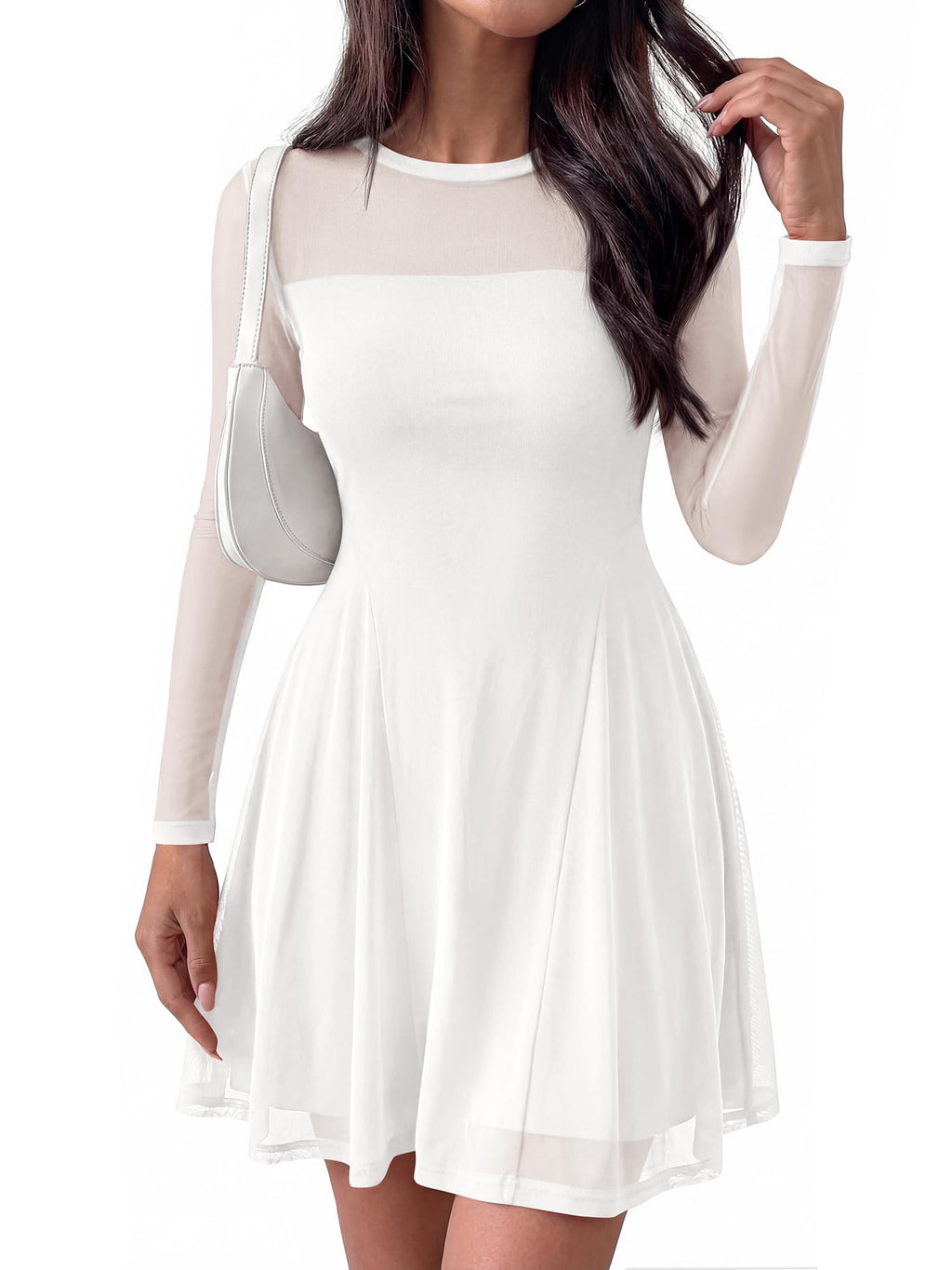 BTFBM Women’s Mini Dress Sheer Mesh Long Sleeve Crew Neck Flowy A Line Casual Cocktail Party Going Out Dresses Fall