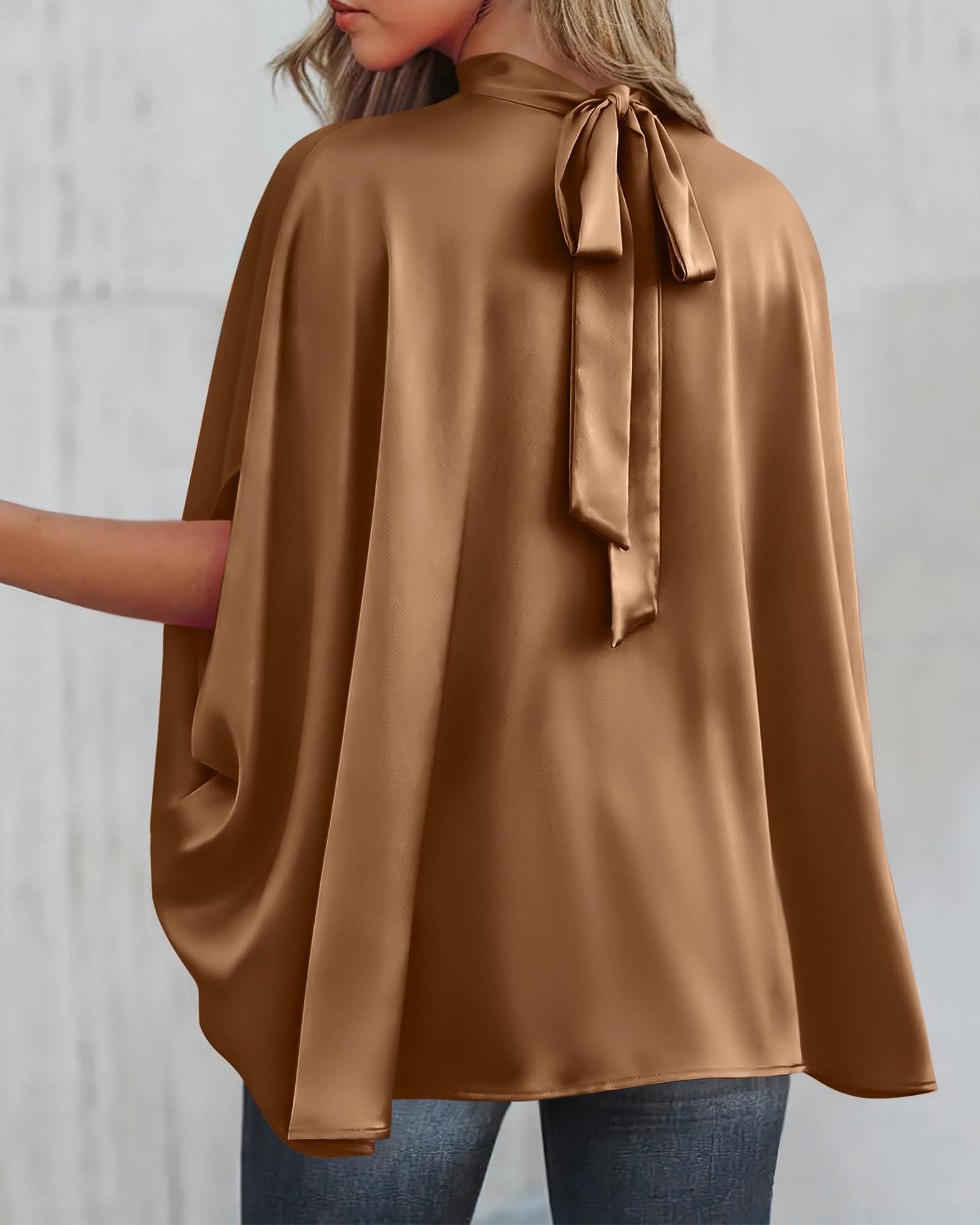 BTFBM Womens Summer Tops Mock Neck Batwing Sleeve Silk Satin Shirts Loose Oversized Dressy Casual Spring Blouses