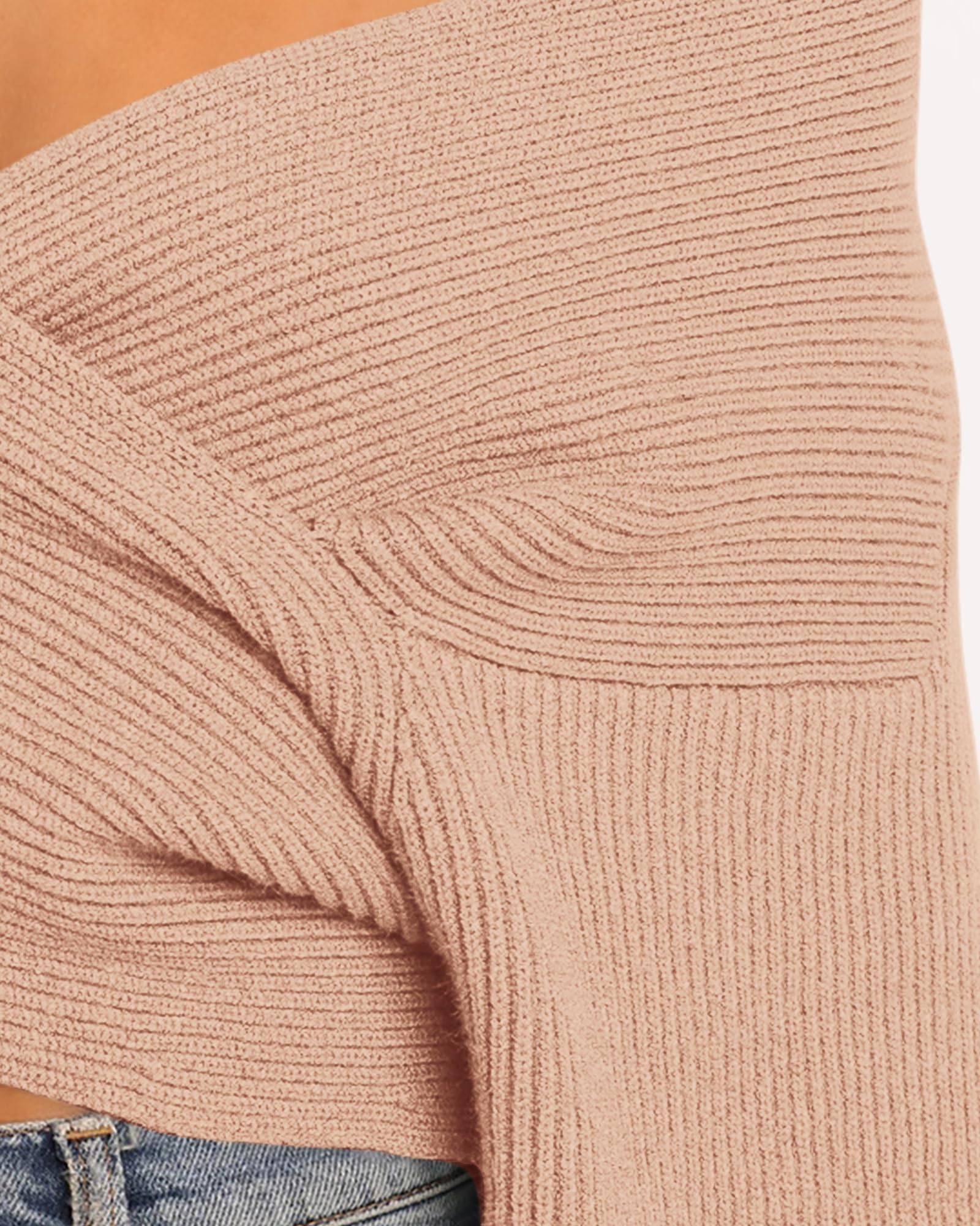 BTFBM Off The Shoulder Sweater for Women Winter Fall Fashion V Neck Long Sleeve Ribbed Knit Wrap Cropped Sweaters