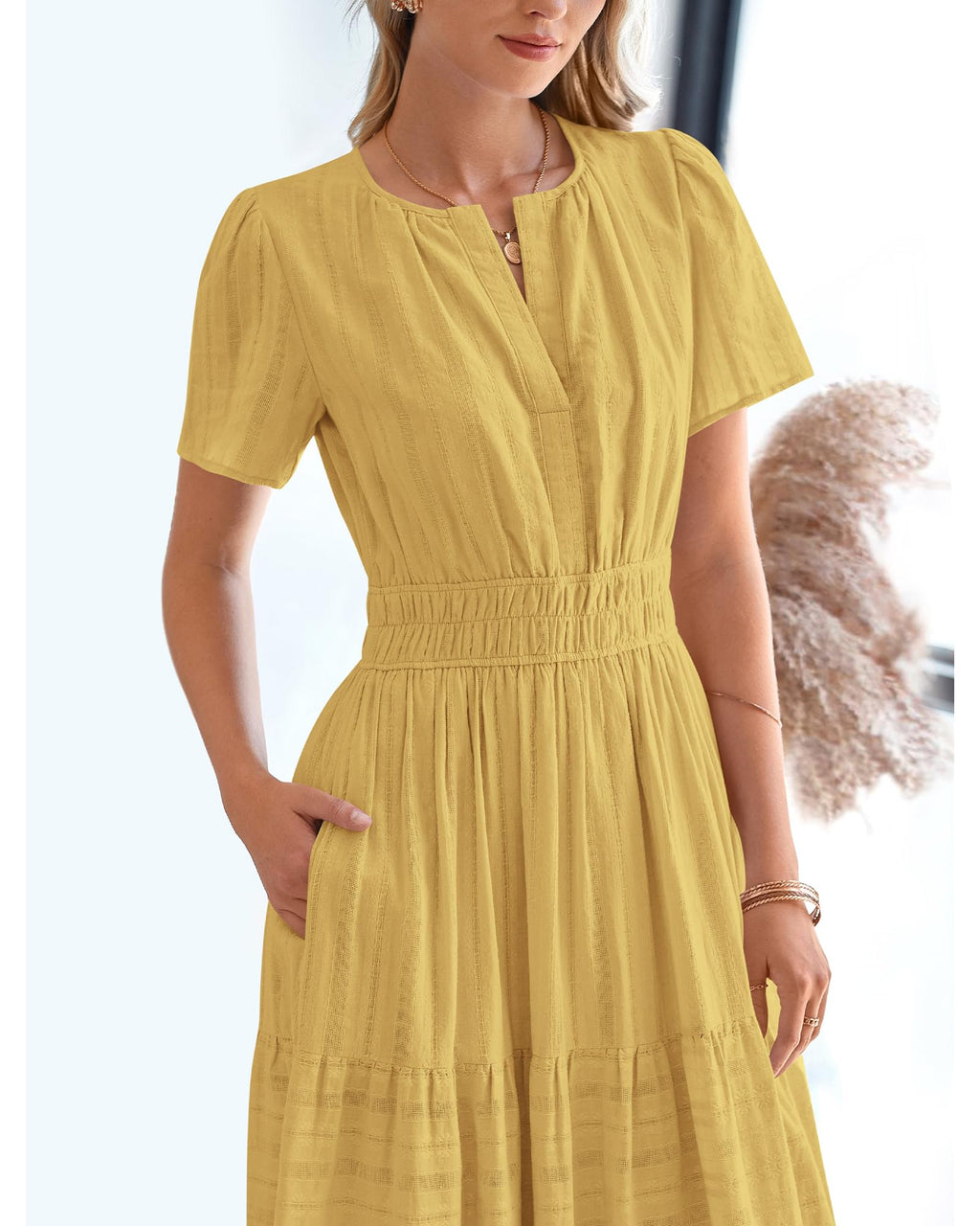 BTFBM Womens Summer Casual Midi Maxi Dresses Lightweight Short Sleeve V Neck Elastic Waist Boho Beach Dress Pockets