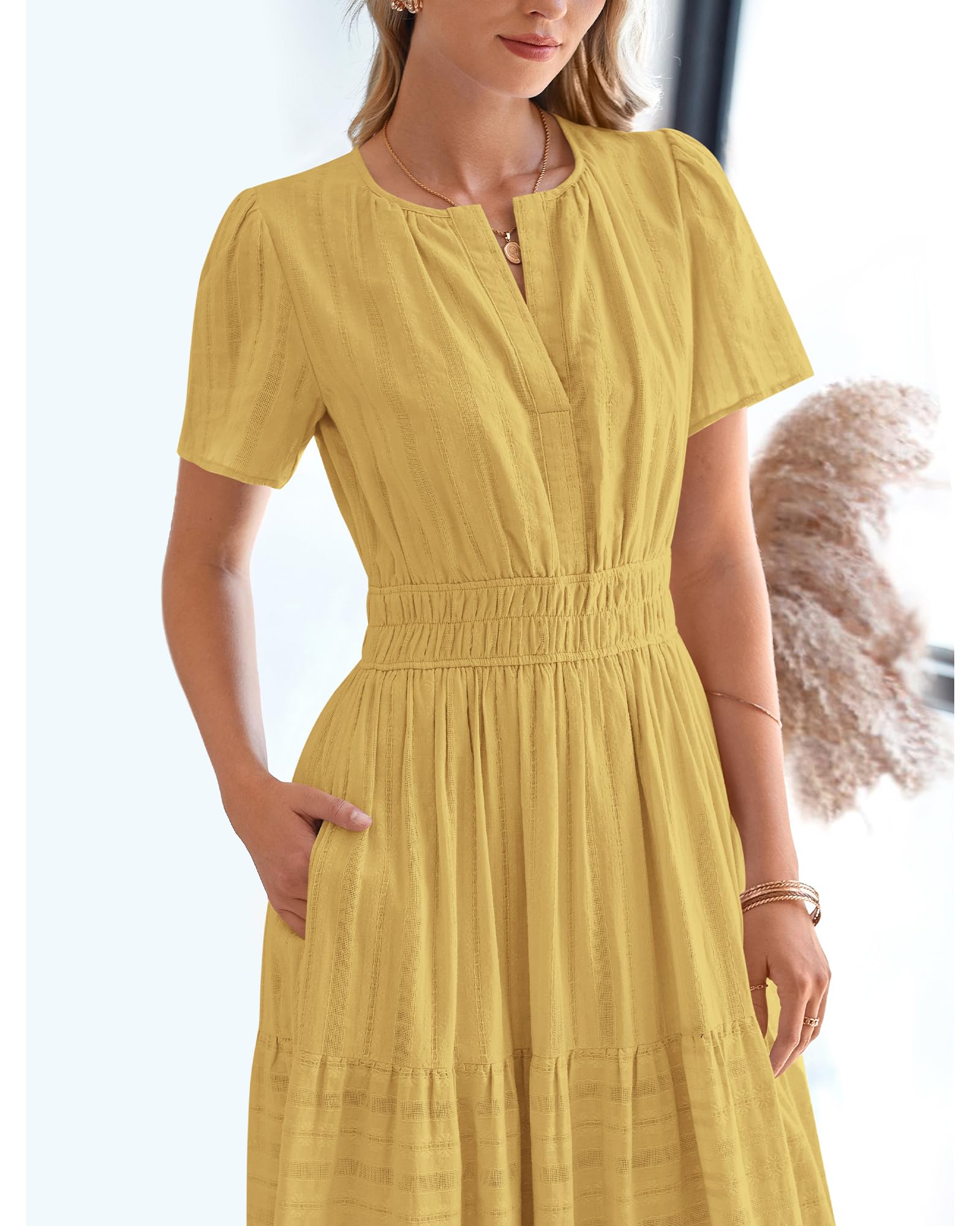 BTFBM Womens Summer Casual Midi Maxi Dresses Lightweight Short Sleeve V Neck Elastic Waist Boho Beach Dress Pockets