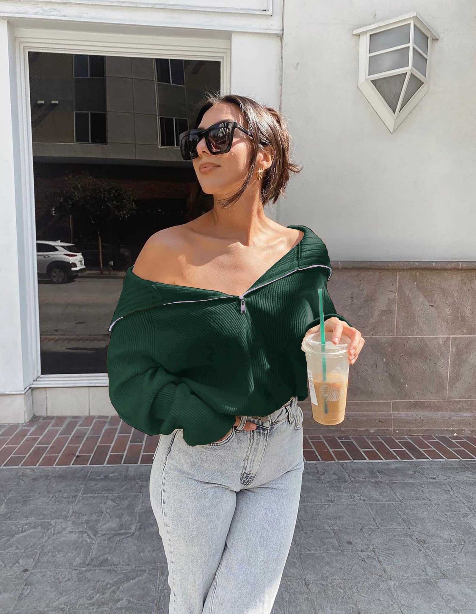 FreshPretty Womens Sweaters Quarter Zip Pullover V Neck Collar Long Sleeve Ribbed Knit Loose Casual Winter Fall Sweater