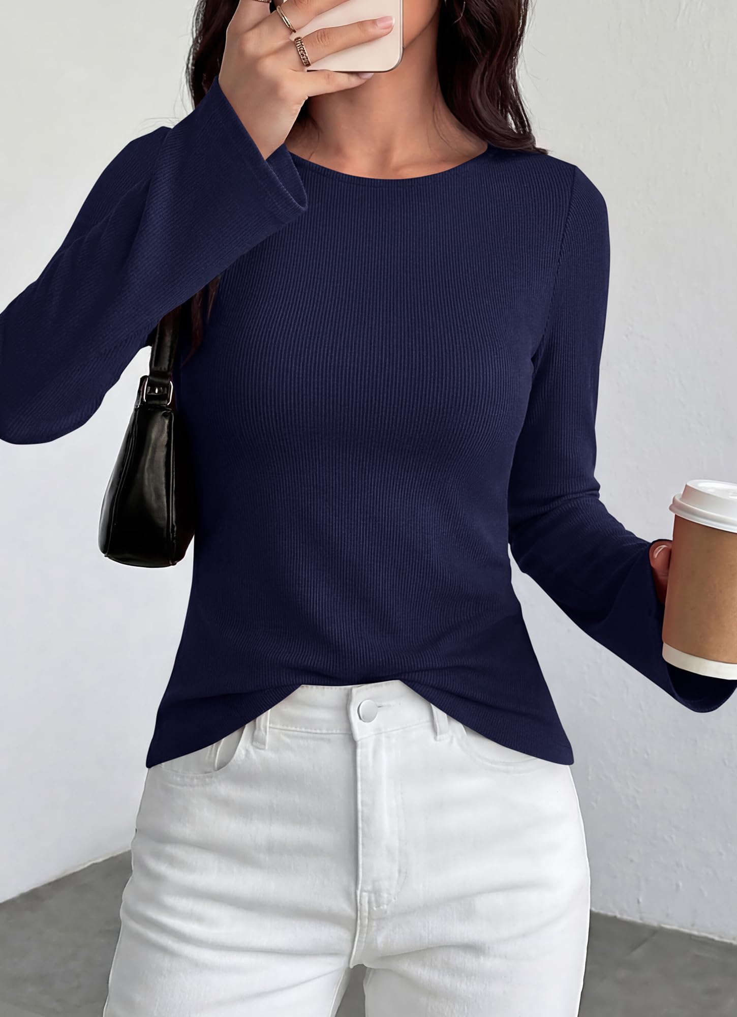 BTFBM Long Sleeve Shirts for Women Spring Y2K Clothes Casual Boat Neck Bell Sleeve Fitted Fall Going Out Tops