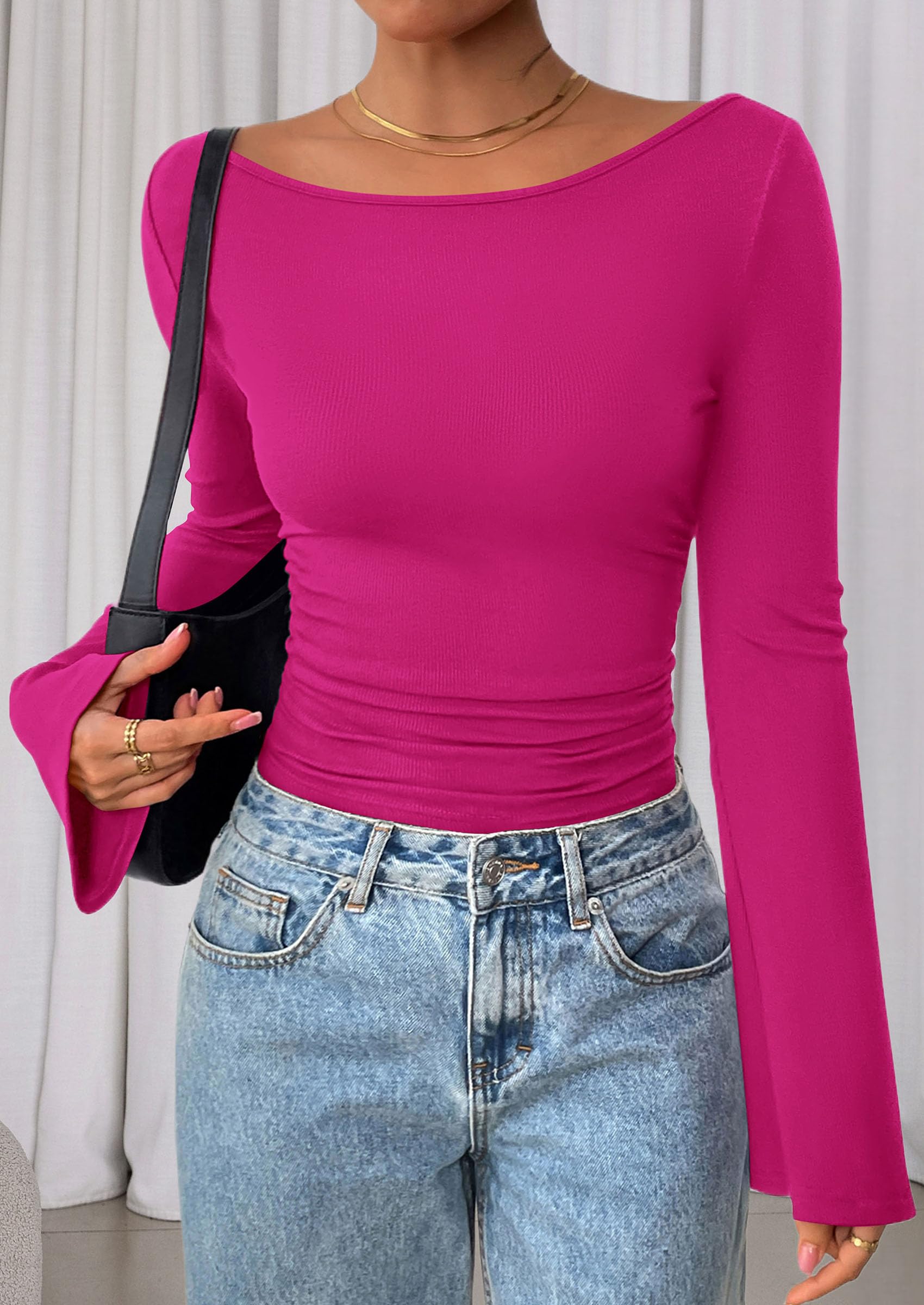 PRETTYGARDEN Women's Long Sleeve Shirts Fall Crop Going Out Tops Casual Boat Neck Bell Sleeve Ribbed Ruched Y2K Clothes