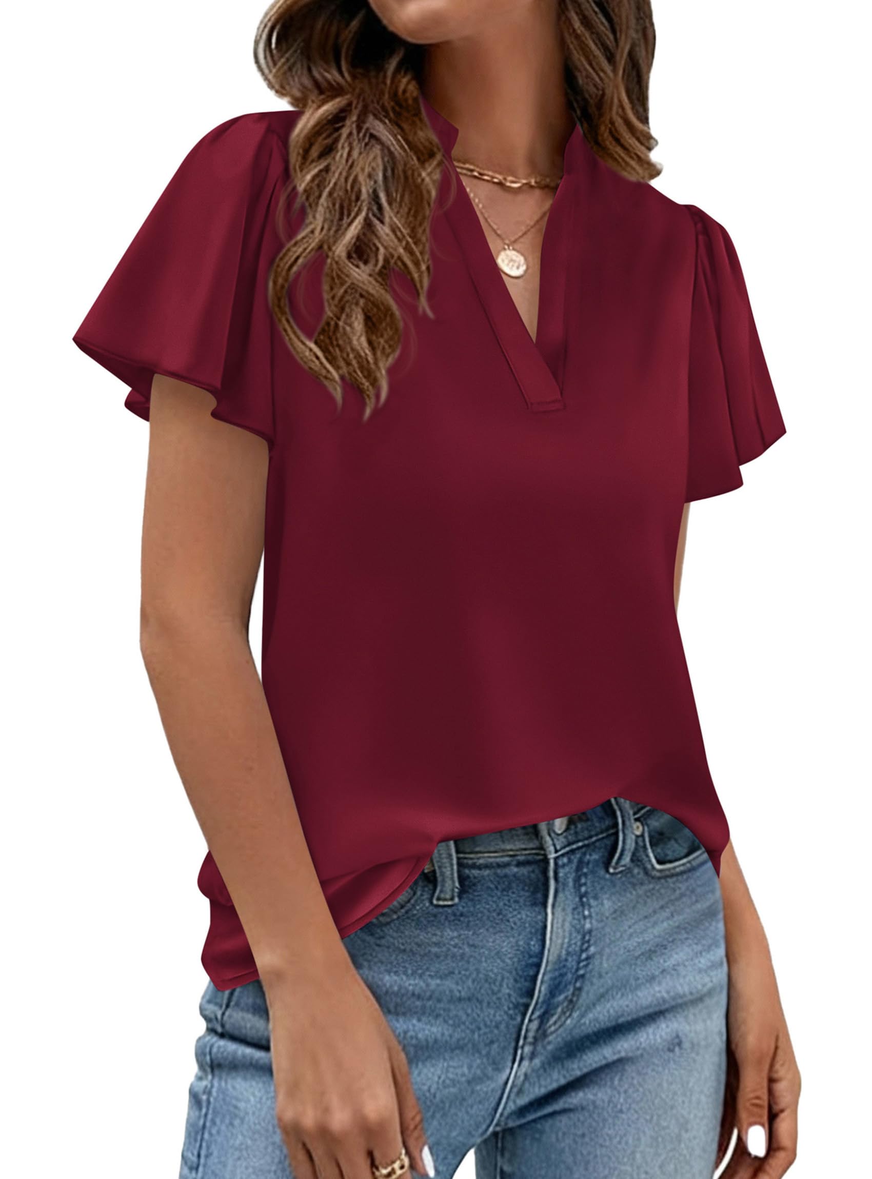 PRETTYGARDEN Women's Summer Satin Blouses Dressy Casual Ruffle Cap Sleeve V Neck Business Work Cute Tops Spring Outfits