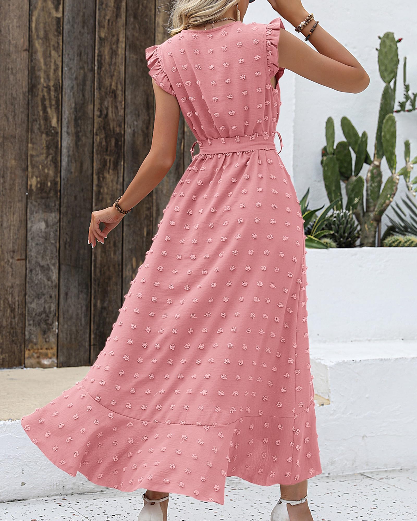 BTFBM Boho Dresses for Women Spring Fashion Cap Sleeve Swiss Dot Flowy Ruffle Beach Wedding Cocktail Maxi Dress
